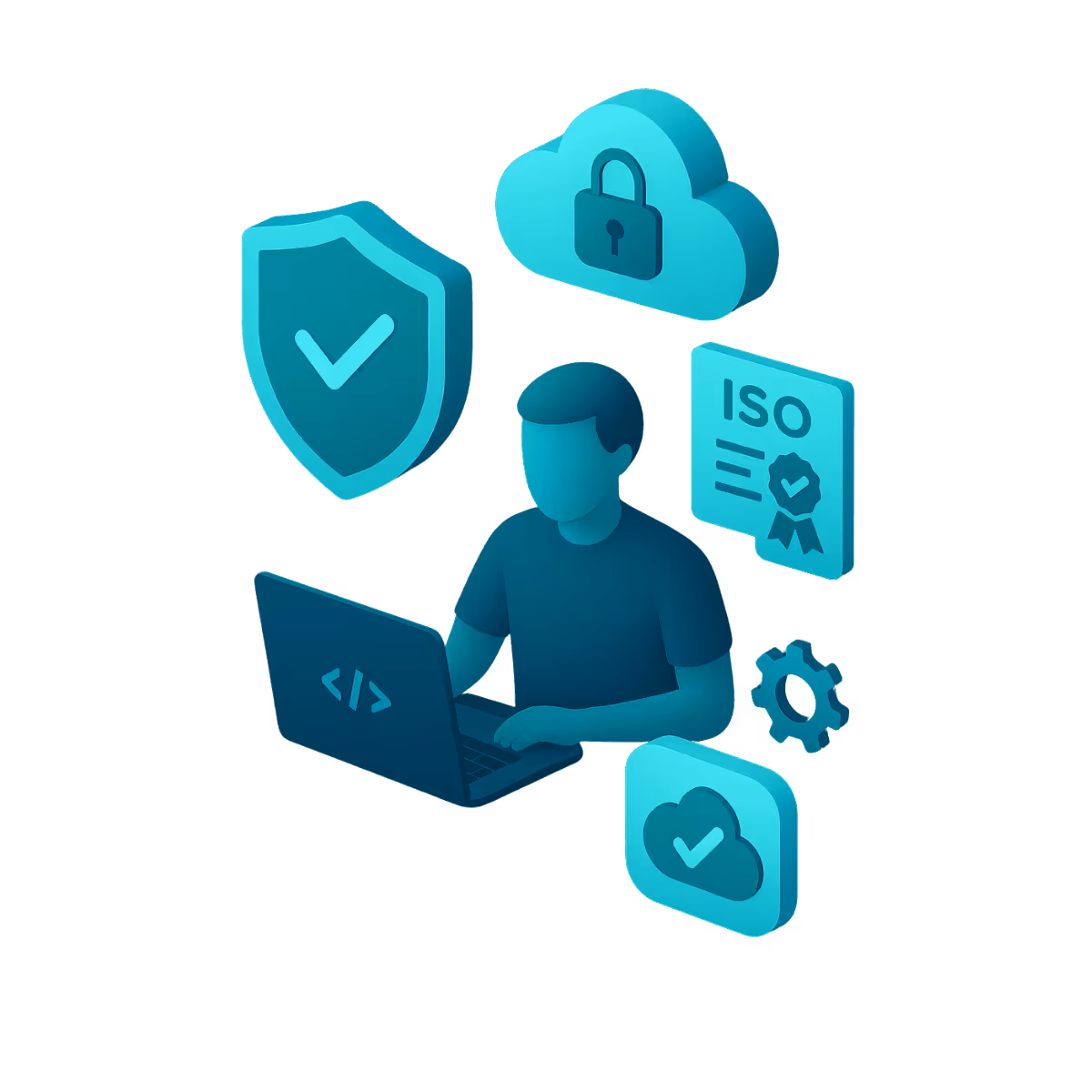 Isometrische Illustration einer Person mit Schild- und Schloss-Symbolen, die Sicherheits- und Compliance-Maßnahmen in einer digitalen Cloud-Umgebung darstellen.