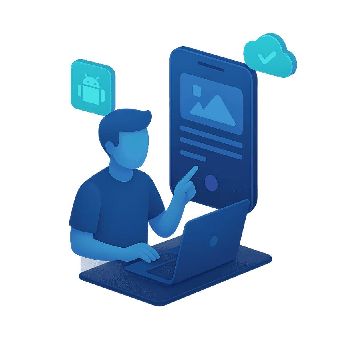 Isometrische Illustration einer Person, die eine mobile App auf einem Smartphone nutzt, daneben Symbole für Integration und Benutzerfreundlichkeit – steht für moderne, geschäftsorientierte App-Entwicklung.