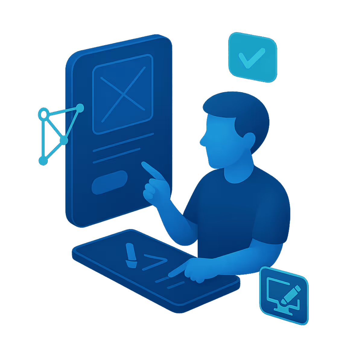 Isometrische Illustration einer Person, die an einem großen Smartphone-Interface arbeitet, mit UI-Elementen, Diagrammen und Symbolen für Prototyping und UX-Design Darstellung moderner App-Entwicklung und strategischer Planung.