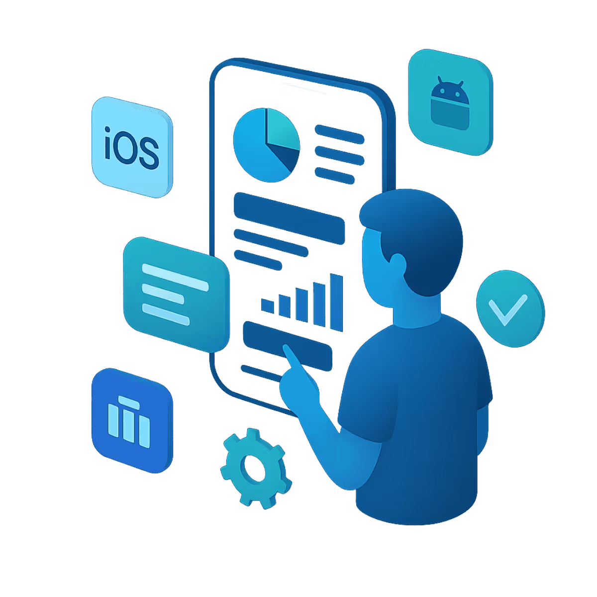 Isometrische Illustration eines Entwicklers, der Business-Apps für verschiedene Plattformen (iOS, Android, Cross-Plattform) erstellt, dargestellt mit Smartphone-Icons, Code-Elementen und UX-Symbolen.