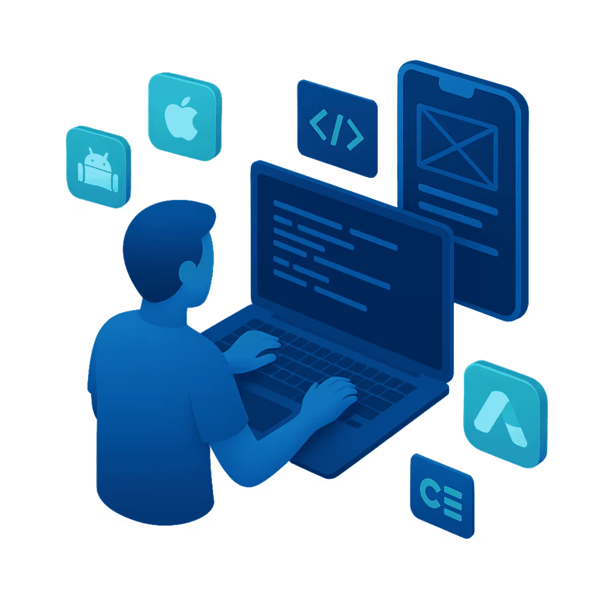 Isometrische Illustration eines Entwicklers, der auf einem Laptop Cross-Plattform-Apps für iOS und Android programmiert, umgeben von Icons und einem Smartphone-Wireframe.