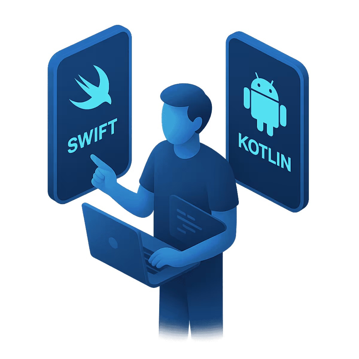 3D-isometrische Illustration eines Entwicklers, der an einem mobilen Gerät arbeitet, umgeben von UI-Elementen und App-Symbolen, Darstellung der nativen App-Entwicklung mit Fokus auf Performance und Plattformintegration.