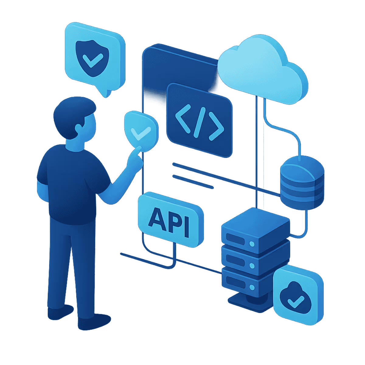 Isometrische Illustration eines Entwicklers, der eine App über eine Schnittstelle mit Backend-Systemen und Cloud-Diensten verbindet, symbolisiert durch Server, APIs und Datenströme.