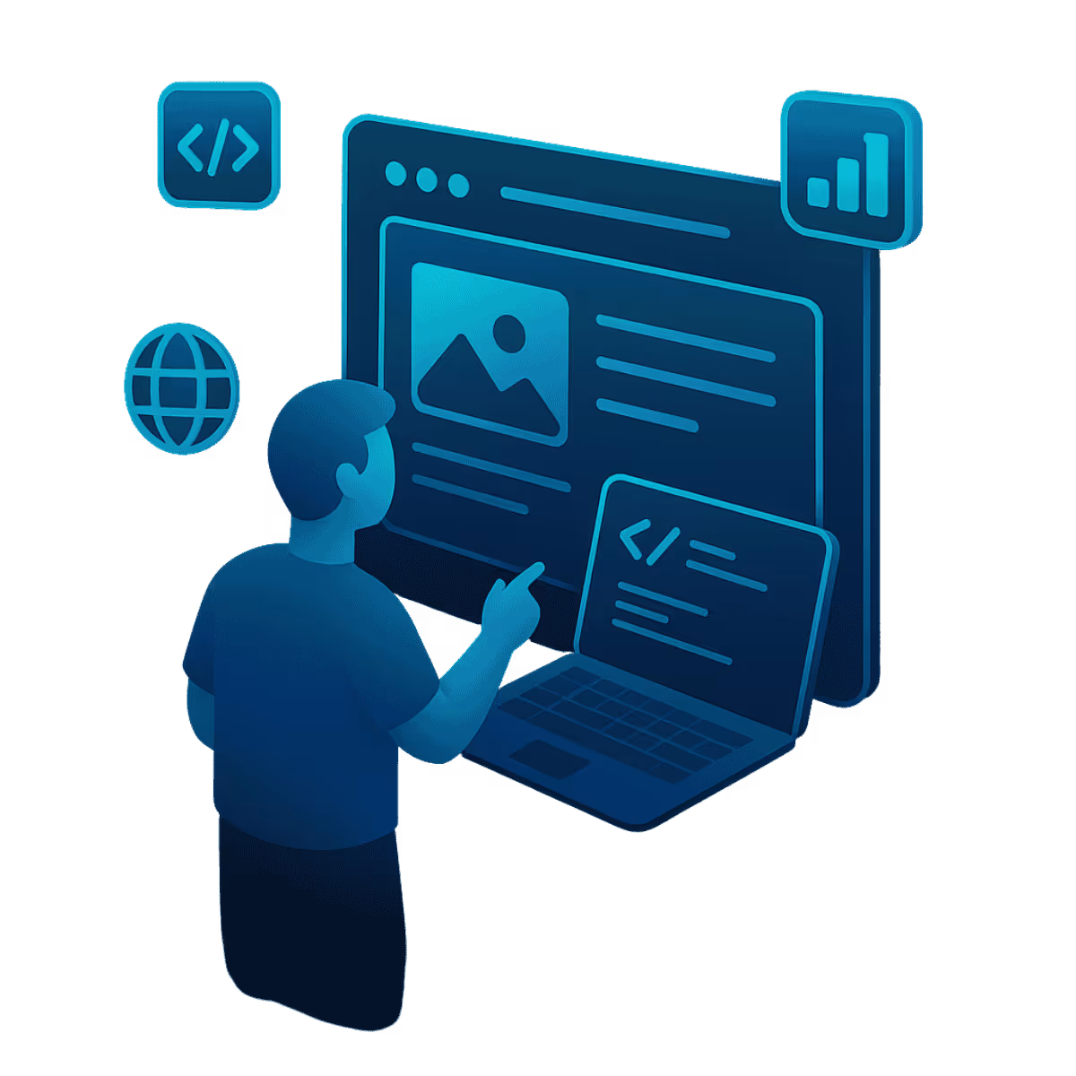 3D-isometrische Illustration einer modernen Webentwicklung: stilisierte Person arbeitet an einem großen Interface mit Browser- und Code-Elementen, Diagrammen und Checklisten, symbolisiert professionelle Unternehmenswebsites und digitale Auftritte.