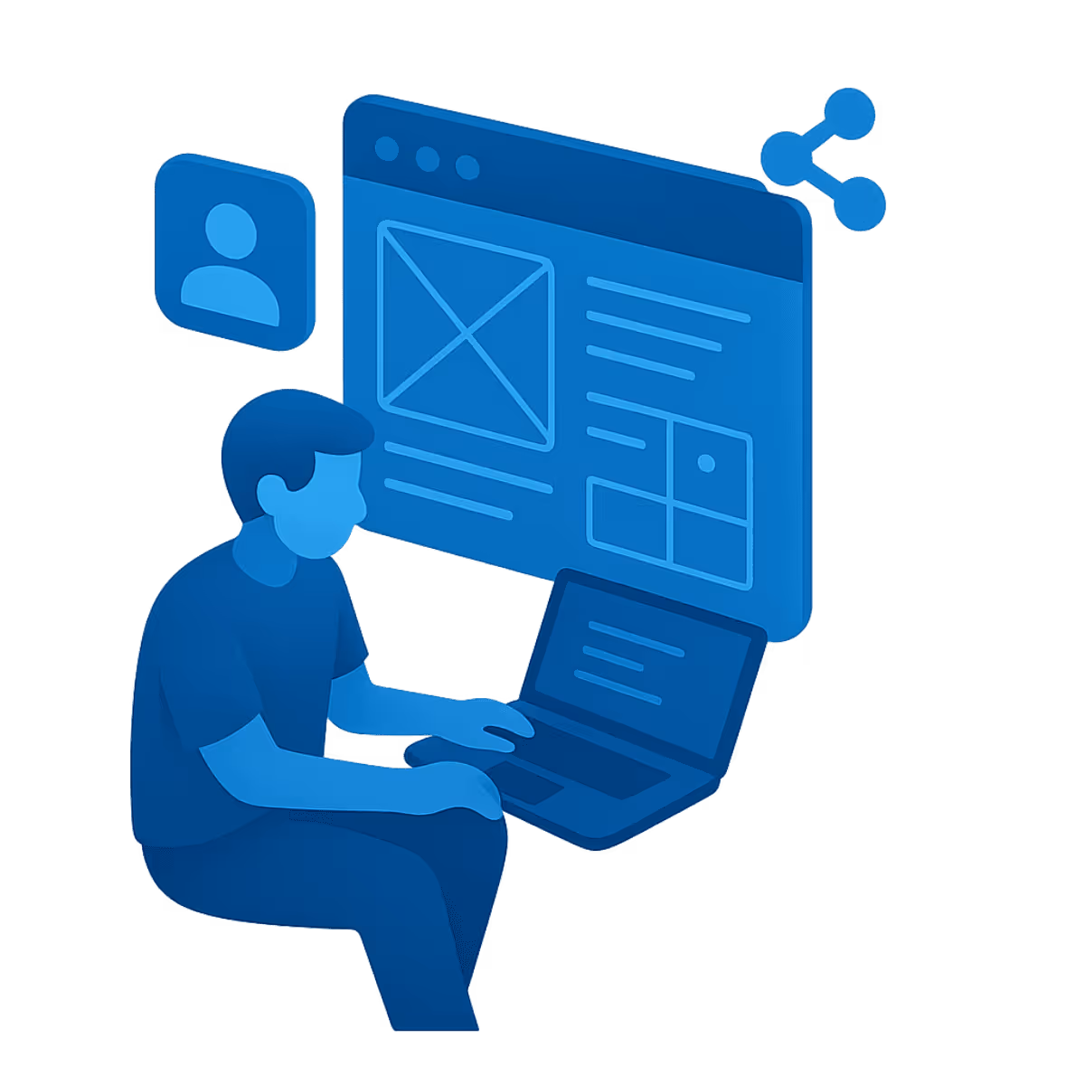 Isometrische Illustration in Blautönen: Eine stilisierte Person sitzt vor einem Laptop, während darüber eine große Weboberfläche mit Platzhaltern für Texte und Bilder schwebt. Daneben sind abstrakte Icons für Nutzerprofile und Netzwerke dargestellt. Die Szene symbolisiert die Entwicklung von responsiven Websites und Webportalen.