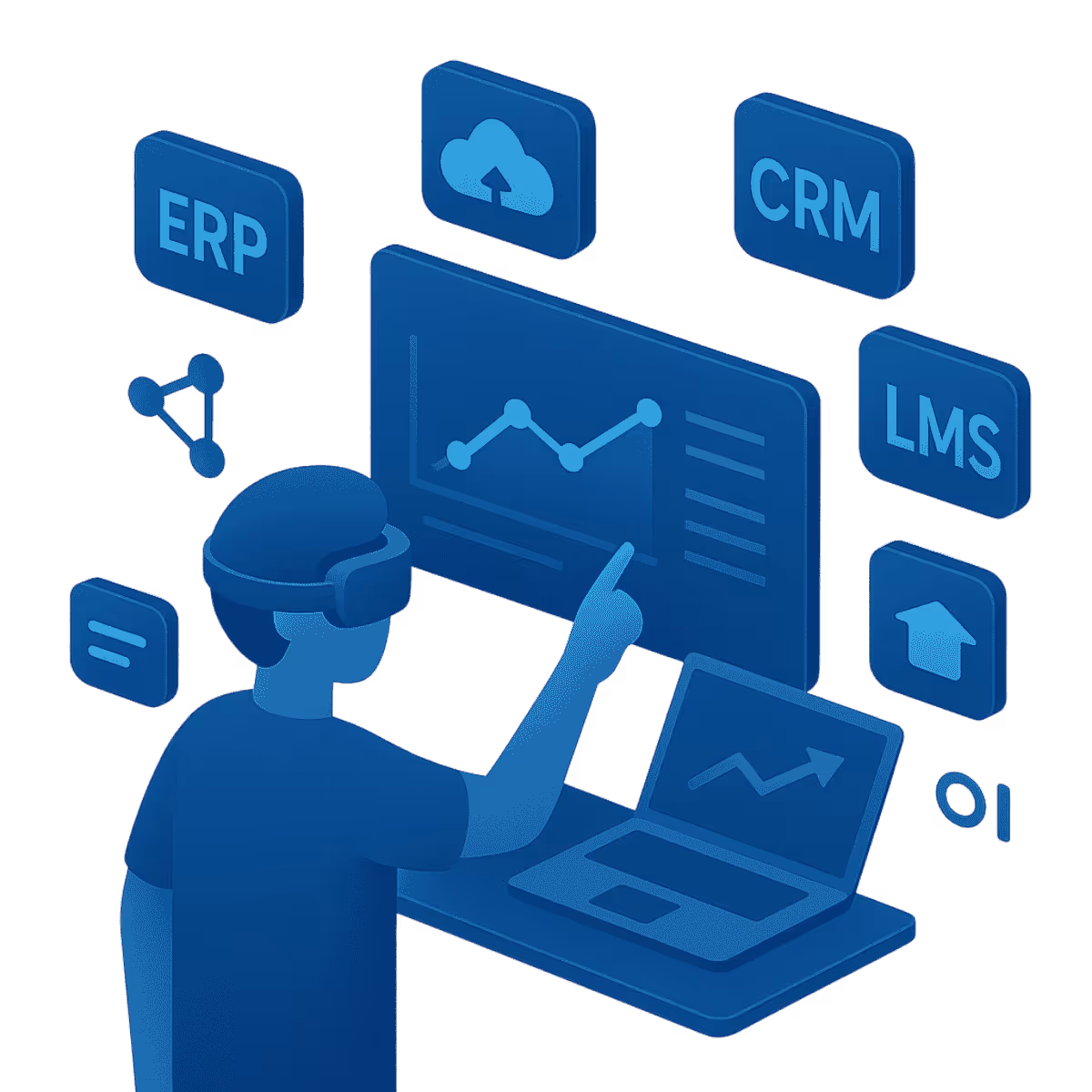 Isometrische Illustration in Blautönen: Eine abstrahierte Person mit VR-Headset zeigt auf ein schwebendes Dashboard mit Diagramm und Datenpunkten. Drumherum sind Icons für ERP, CRM, LMS, Cloud und Netzwerke angeordnet. Die Szene visualisiert die nahtlose Integration von XR-Lösungen in bestehende IT-Systeme und Datenplattformen.