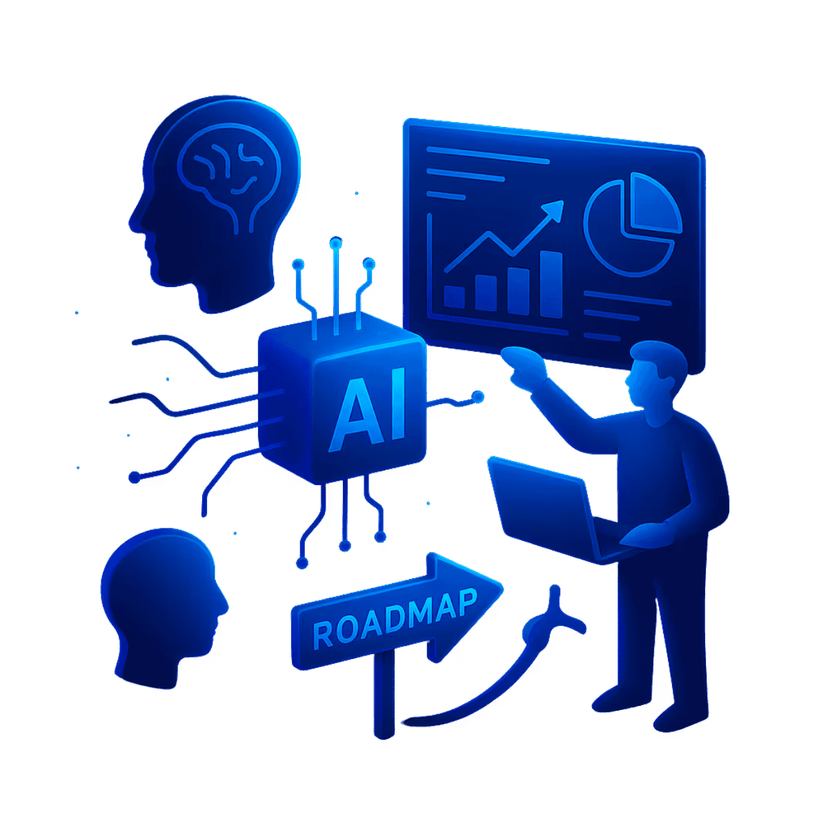 Isometrische Illustration in Neonblau: Eine abstrahierte Person mit Laptop zeigt auf ein Dashboard mit Diagrammen. Zentral ein leuchtender AI-Würfel, verbunden mit Köpfen, einem Roadmap-Pfeil und einer Wachstumskurve. Die Szene stellt die Entwicklung von KI-Strategien und Roadmaps dar.