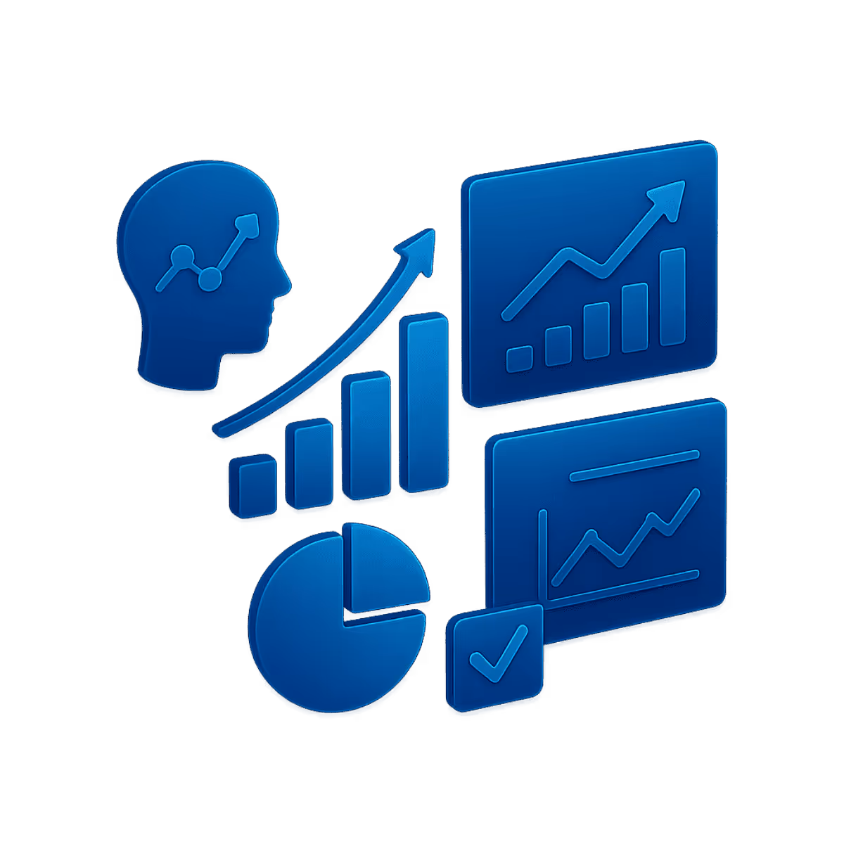 Isometrische Illustration in Neonblau: Ein Kopf mit Datenpunkten, ein Balkendiagramm mit steigender Kurve, ein Kreisdiagramm und zwei Dashboards mit Linien- und Säulendiagrammen, daneben ein Check-Symbol. Die Szene visualisiert Datenanalyse, Business Intelligence und datengetriebene Entscheidungen.