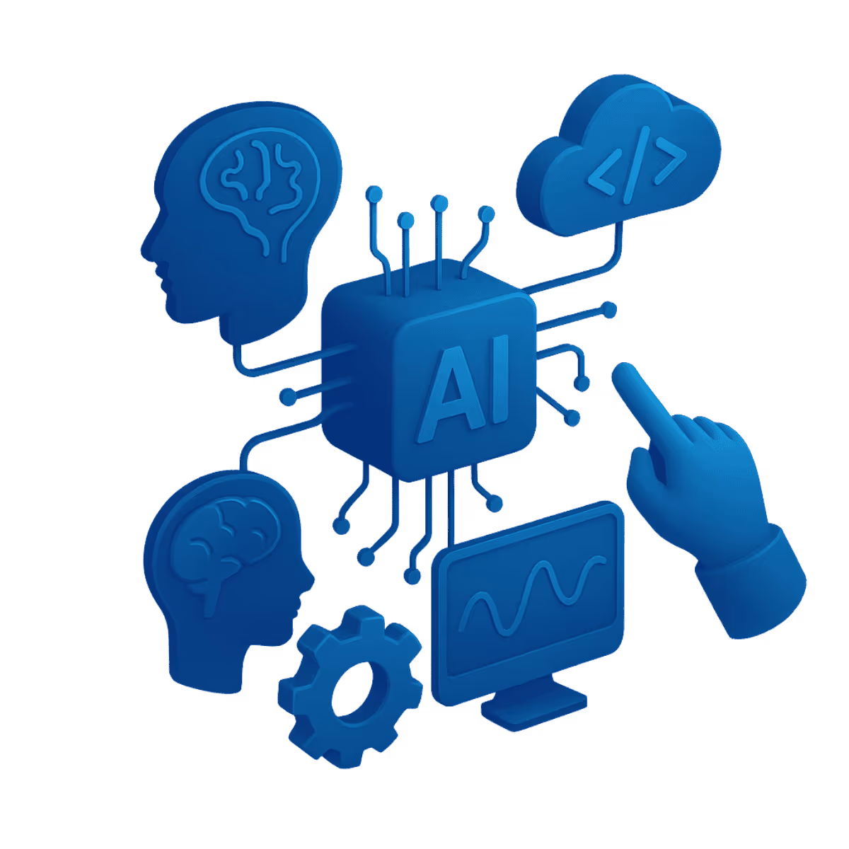 Isometrische Illustration in Neonblau: Ein leuchtender Würfel mit „AI“ in der Mitte ist über Linien mit Symbolen für Köpfe mit neuronalen Mustern, Cloud, Zahnrad, Monitor mit Kurve und einer zeigenden Hand verbunden. Die Szene visualisiert Machine Learning, KI-Integration und smarte Prozesse.