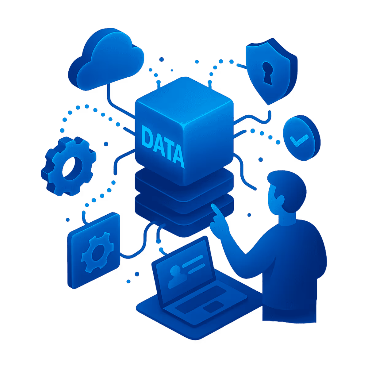 Isometrische Illustration in Neonblau: Eine abstrahierte Person zeigt auf einen leuchtenden „DATA“-Würfel, von dem Linien zu Icons für Cloud, Sicherheit, Zahnrad, Check und ein Laptop führen. Die Szene stellt zentrale Datenplattformen, Datenintegration und sichere Dateninfrastruktur dar.