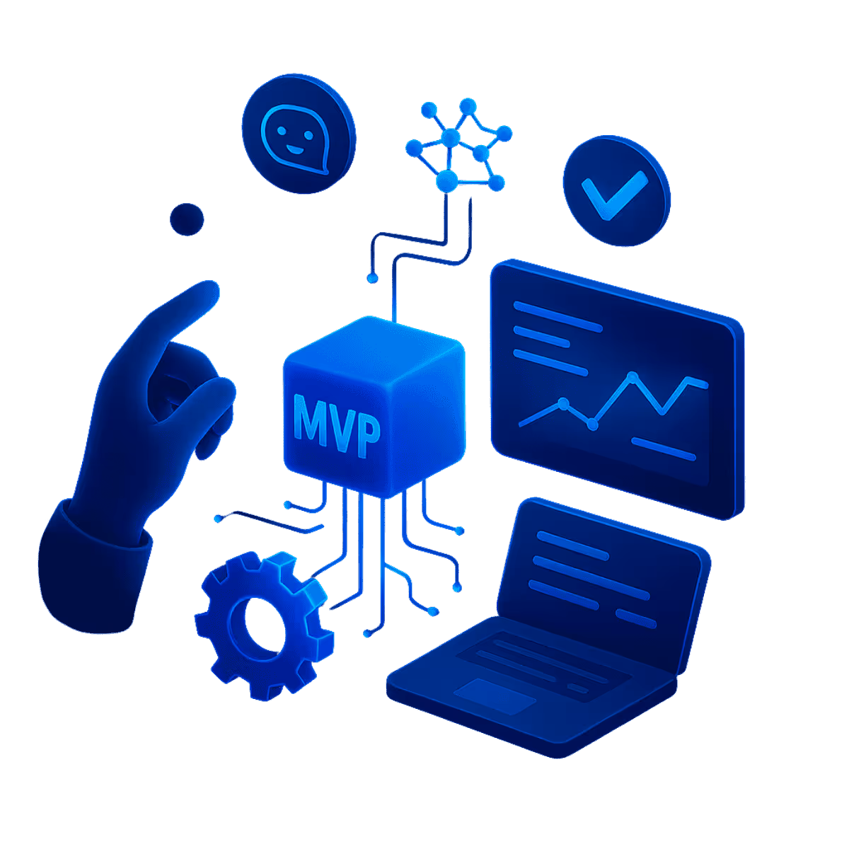Isometrische Illustration in Neonblau: Eine Hand zeigt auf einen leuchtenden Würfel mit der Aufschrift „MVP“. Darunter Zahnrad und Laptop, darüber Icons für Chatbot, neuronales Netz und Check. Die Szene visualisiert schnelle KI-Prototypen und Minimum Viable Products.