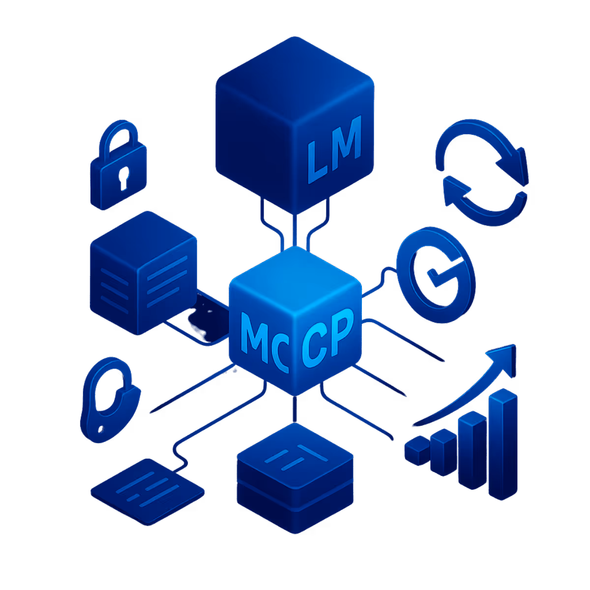 Isometrische Illustration in Neonblau: Ein zentraler Würfel mit „MCP“ ist über Linien mit einem größeren Würfel „LM“ (Large Model) sowie Icons für Daten, Sicherheit, Aktualisierung und Wachstum verbunden. Die Szene zeigt das Model Context Protocol zur sicheren Einbindung von Unternehmensdaten in LLMs.