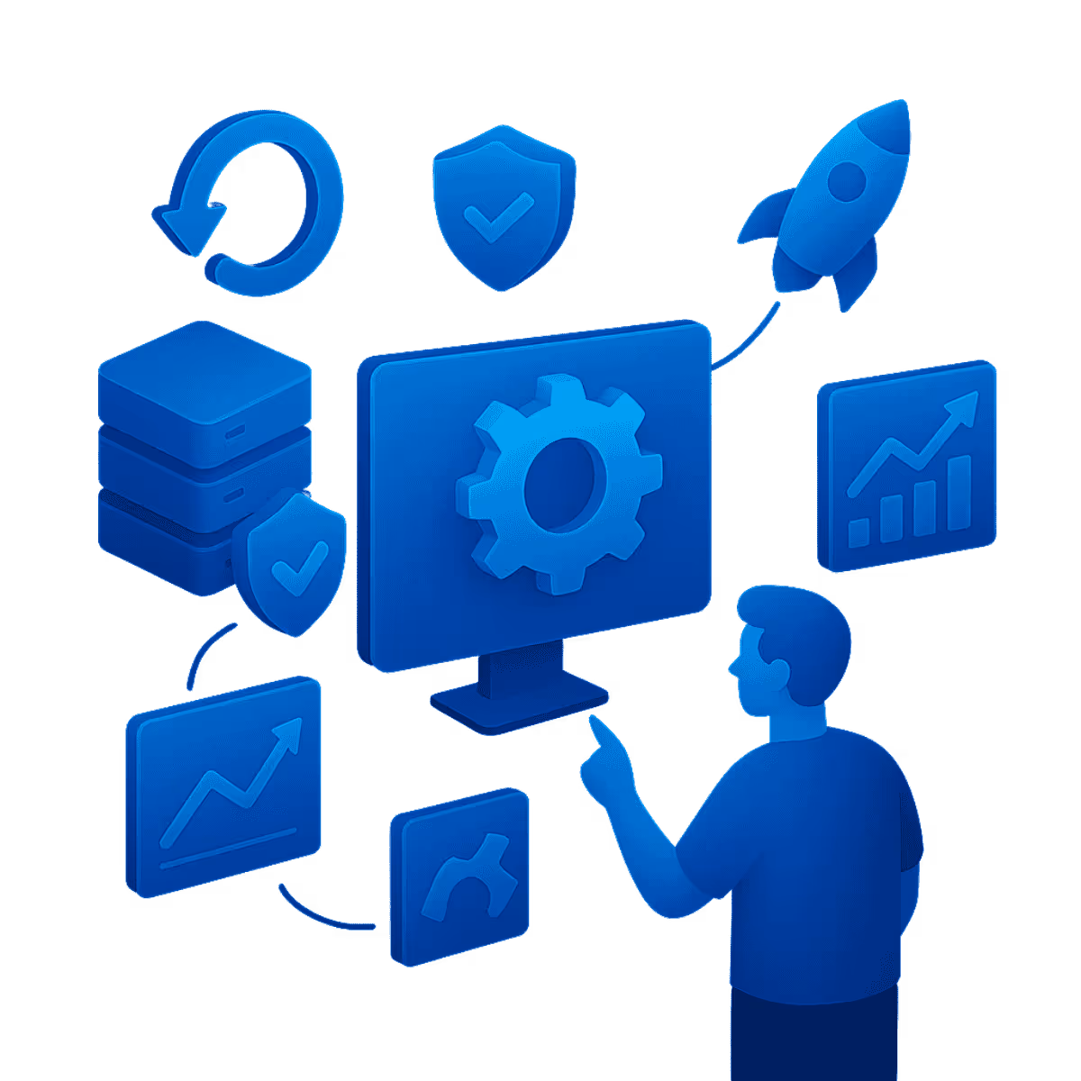 Isometrische Illustration in Neonblau: Eine Person zeigt auf ein großes Dashboard mit Graphen und Alarmen. Drumherum Icons für Observability, Logs, Alarmglocke, Splunk, Grafana und Elasticsearch. Die Szene steht für proaktives Monitoring und IT-Transparenz.