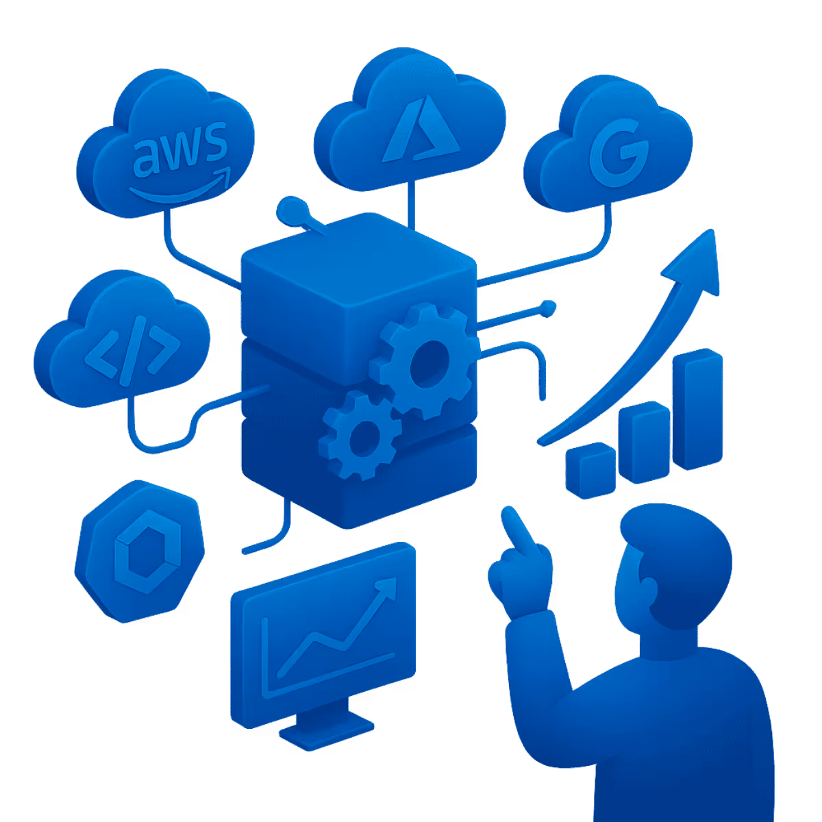 Isometrische Illustration in Neonblau: Eine Person interagiert mit einem Bildschirm, der einen ITIL-Prozess zeigt (Incident, Analysis, Resolution, Lessons Learned). Daneben Icons für Zahnrad, Alarmglocke, Schild und Checkmark. Die Szene stellt strukturiertes Incident- und Problem-Management dar.