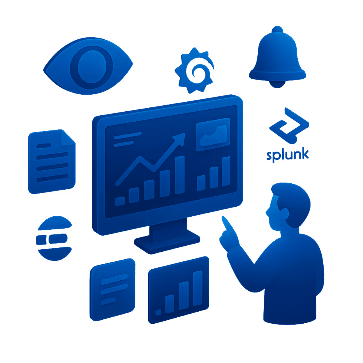 Isometrische Illustration in Neonblau: Eine Person überwacht einen Monitor mit Security-Warnung. Zentral ein Schild mit Schloss, verbunden mit Icons für SIEM, GDPR, Zugriffskontrolle, Monitoring und Blitzsymbol. Die Szene visualisiert Sicherheit, Compliance und Incident Response.