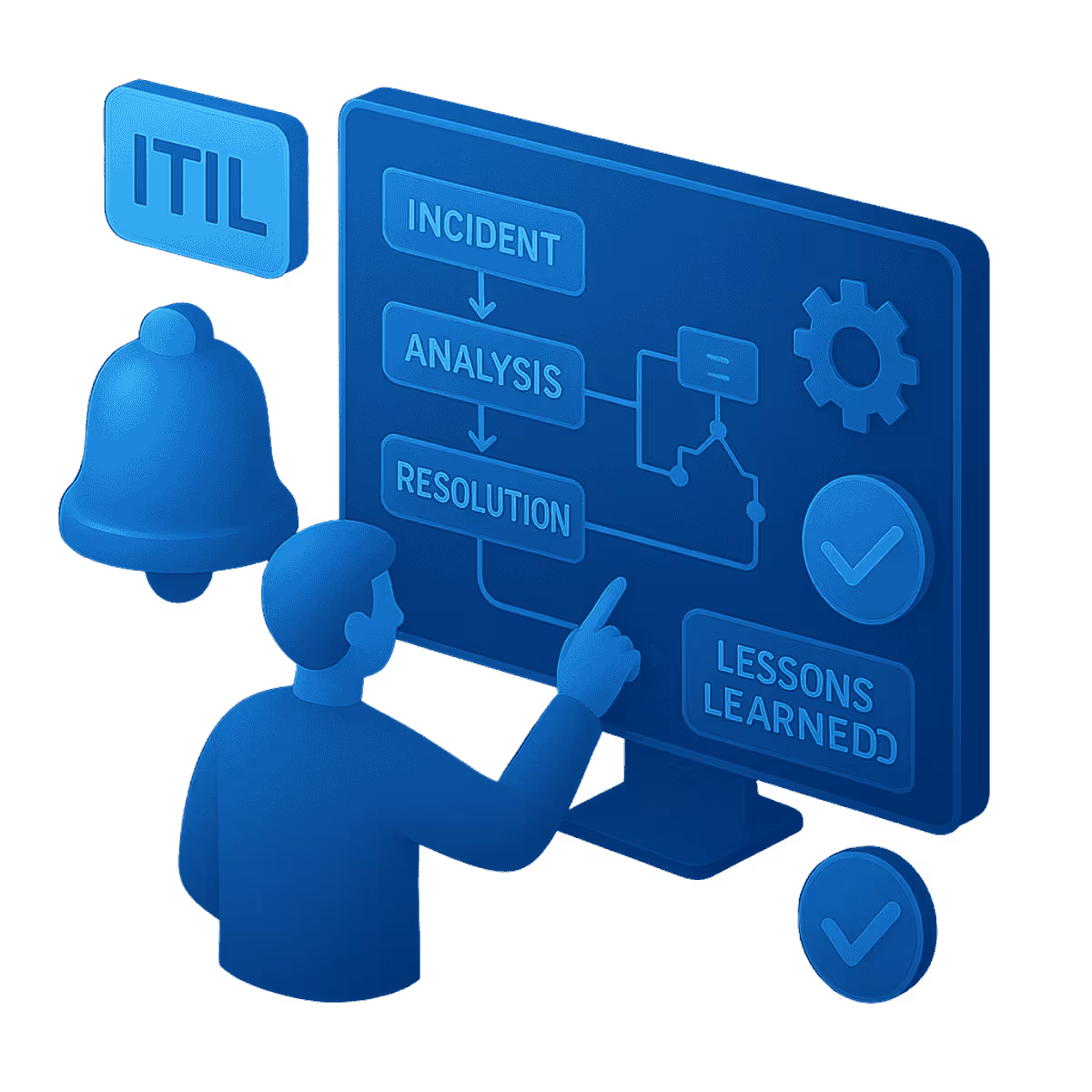 Isometrische Illustration in Neonblau: Ein Support-Mitarbeiter mit Headset arbeitet an einem Ticket-System. Drumherum Icons für 1st-, 2nd-, 3rd-Level-Support, Checklisten, Stoppuhr und Headset. Die Szene steht für mehrstufigen IT-Support und schnelle Bearbeitung.