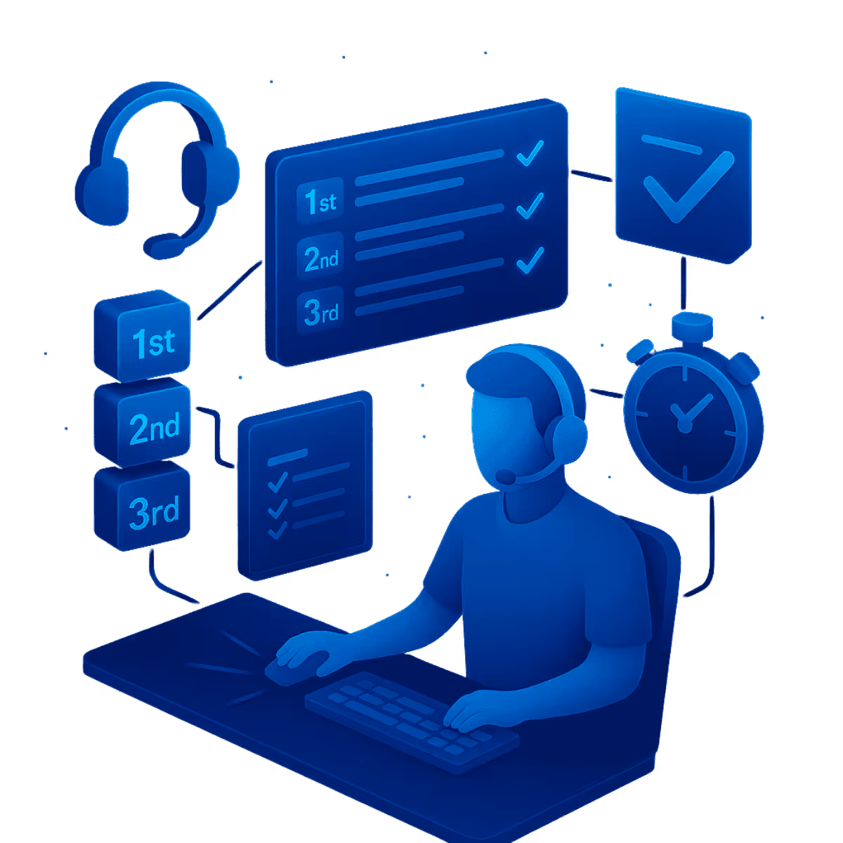 Isometrische Illustration in Neonblau: Ein Support-Mitarbeiter mit Headset sitzt an einer Tastatur vor Monitoren mit Ticketsystem, 1st-, 2nd- und 3rd-Level-Support sowie Checklisten. Drumherum Icons für Headset, Stoppuhr und Häkchen. Die Szene steht für mehrstufigen IT-Support und schnelle Bearbeitung.