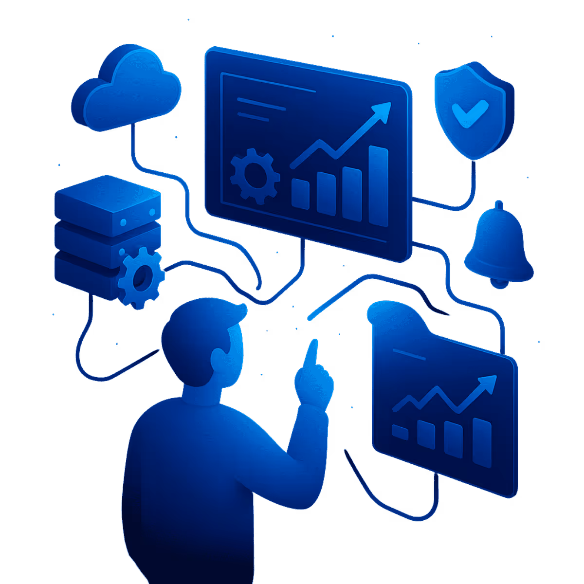 Isometrische Illustration in Neonblau: Eine abstrahierte Person zeigt auf ein Dashboard mit Diagrammen, das mit Serverstack, Cloud, Sicherheits-Schild und Alarmglocke verbunden ist. Linien visualisieren die Vernetzung der Systeme. Die Szene steht für Managed Services, IT-Betrieb und zuverlässige Infrastruktur.