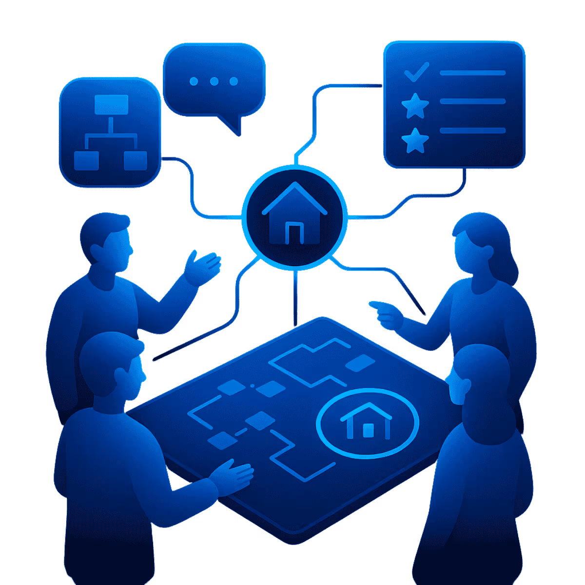 Isometrische Illustration in Neonblau: Vier abstrahierte Personen stehen um einen Tisch mit einem digitalen Plan, auf dem ein zentrales Haus-Icon leuchtet. Vom Haus führen Linien zu Icons für Prozessdiagramm, Sprechblase und Checkliste mit Sternen. Die Szene visualisiert einen moderierten Workshop, in dem Zielbilder, Prozesse und priorisierte Lösungen gemeinsam entwickelt werden.