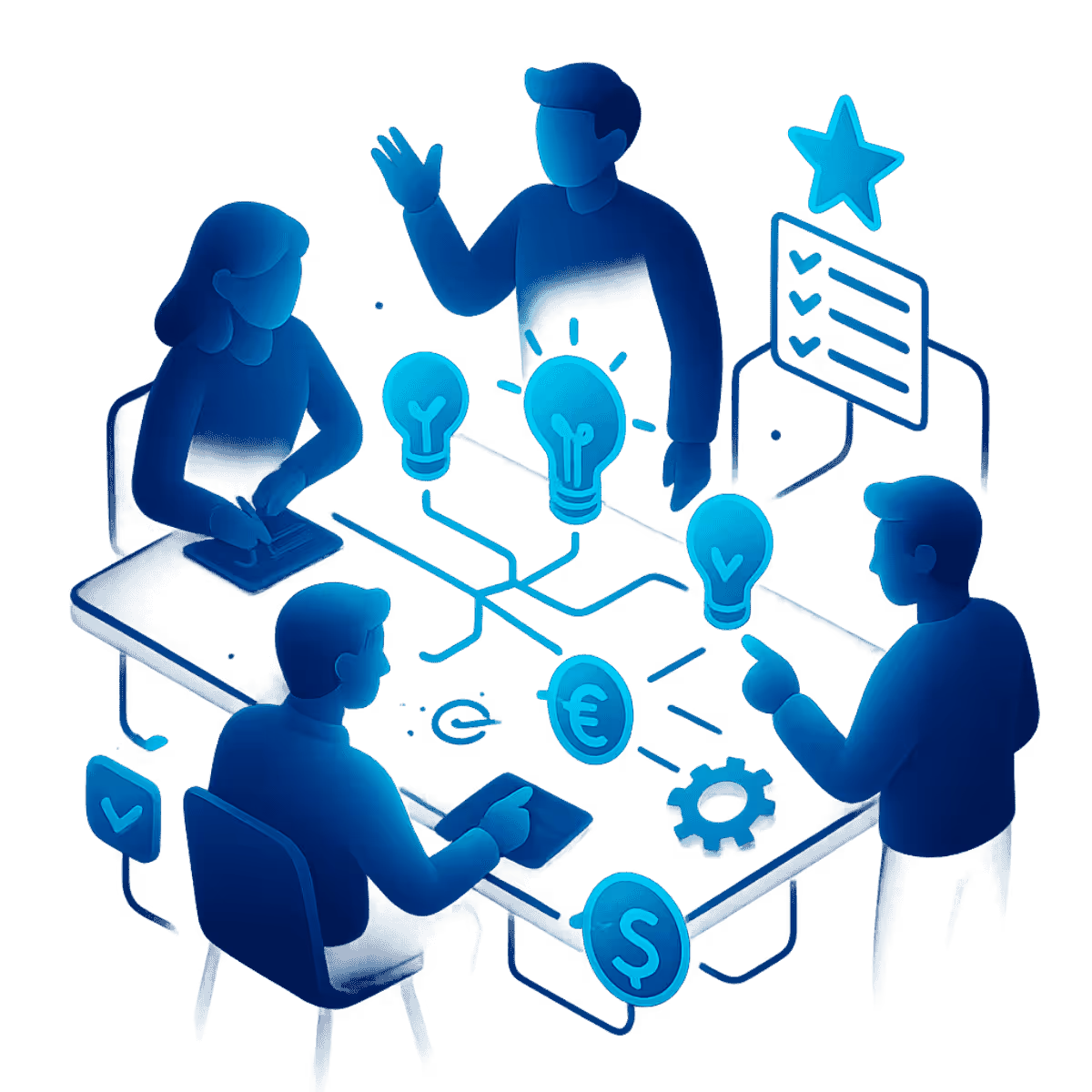 Isometrische Illustration in Neonblau: Vier abstrahierte Personen stehen um einen Tisch, auf dem leuchtende Glühbirnen, Euro- und Dollar-Symbole, Zahnräder und ein Prozessdiagramm sichtbar sind. Im Hintergrund eine Checkliste mit Stern und Häkchen. Die Szene visualisiert einen Ideation-Workshop, bei dem kreative Ideen nach Nutzen und Machbarkeit priorisiert werden.