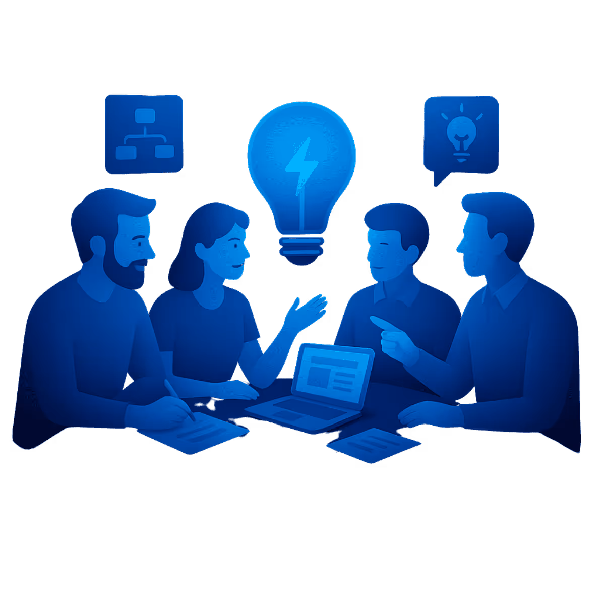 Isometrische Illustration in Neonblau: Vier abstrahierte Personen sitzen an einem Tisch mit Laptop und Papieren und diskutieren. Über ihnen eine große leuchtende Glühbirne mit Blitzsymbol, daneben Icons für ein Prozessdiagramm und eine Idee in einer Sprechblase. Die Szene visualisiert einen strukturierten Innovationsprozess von Nutzerverständnis über Ideation bis zum getesteten Prototyp.