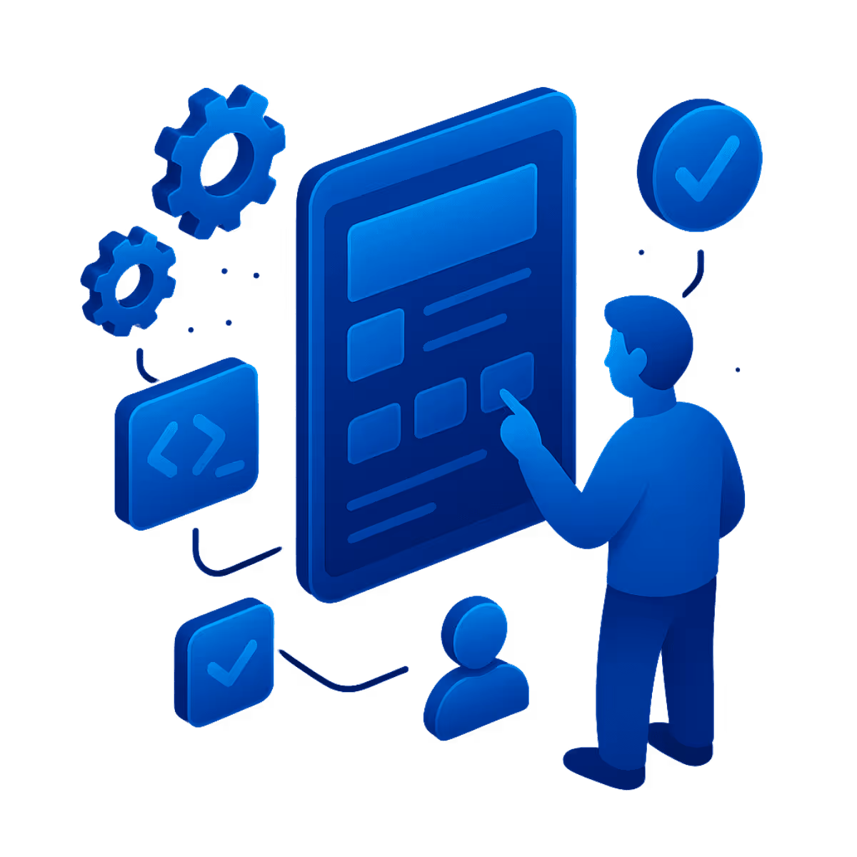 Isometrische Illustration in Neonblau: Eine abstrahierte Person interagiert mit einem großen UI-Prototyp auf einem Display. Drumherum Icons für Code, Zahnräder, Nutzerprofil und Checkmark. Die Szene visualisiert die Entwicklung früher Prototypen, Simulationen und technische Proof-of-Concepts mit Nutzerfeedback.