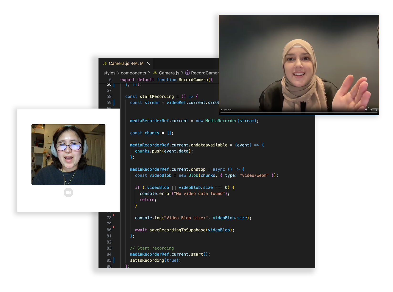 Webcam recording UI and code using MediaRecorder to capture and save practice answers