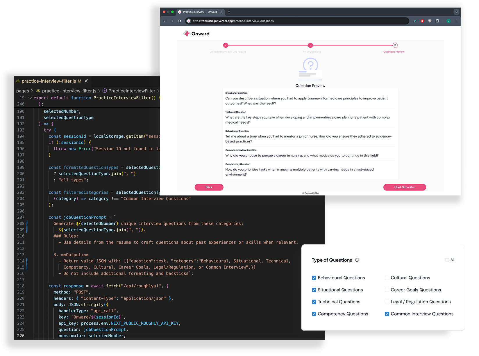 Question preview listing generated interview questions with prompt-builder code and category filters