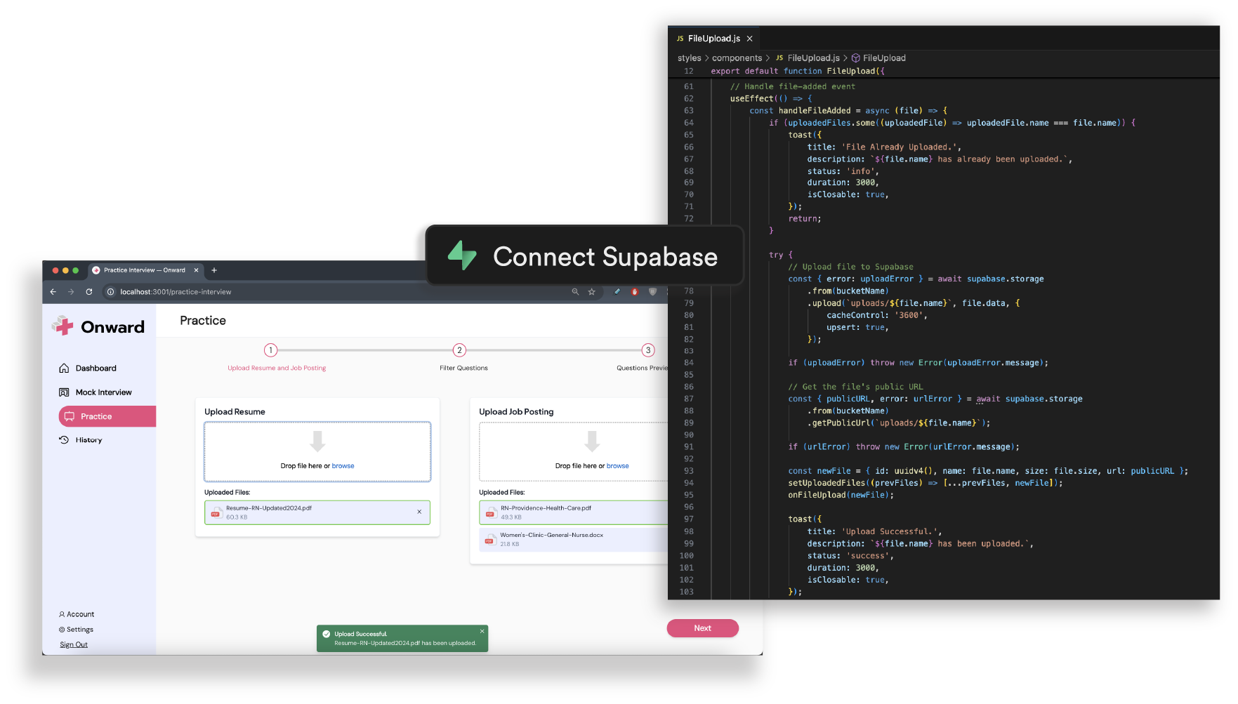 Resume and job posting upload — drag and drop interface with a Supabase upload code snippet