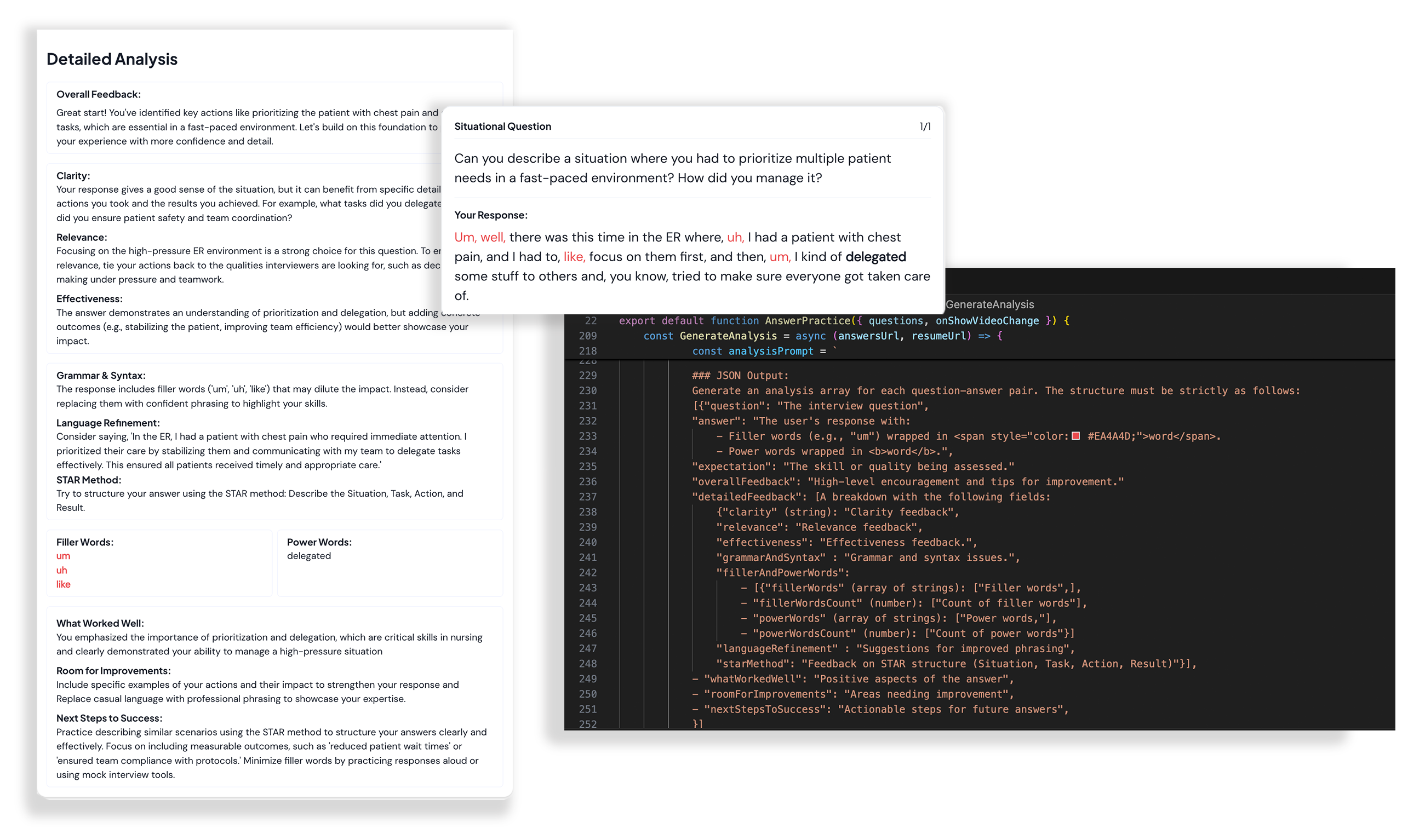 AI feedback panel with STAR tips and filler-word highlights beside the analysis prompt code