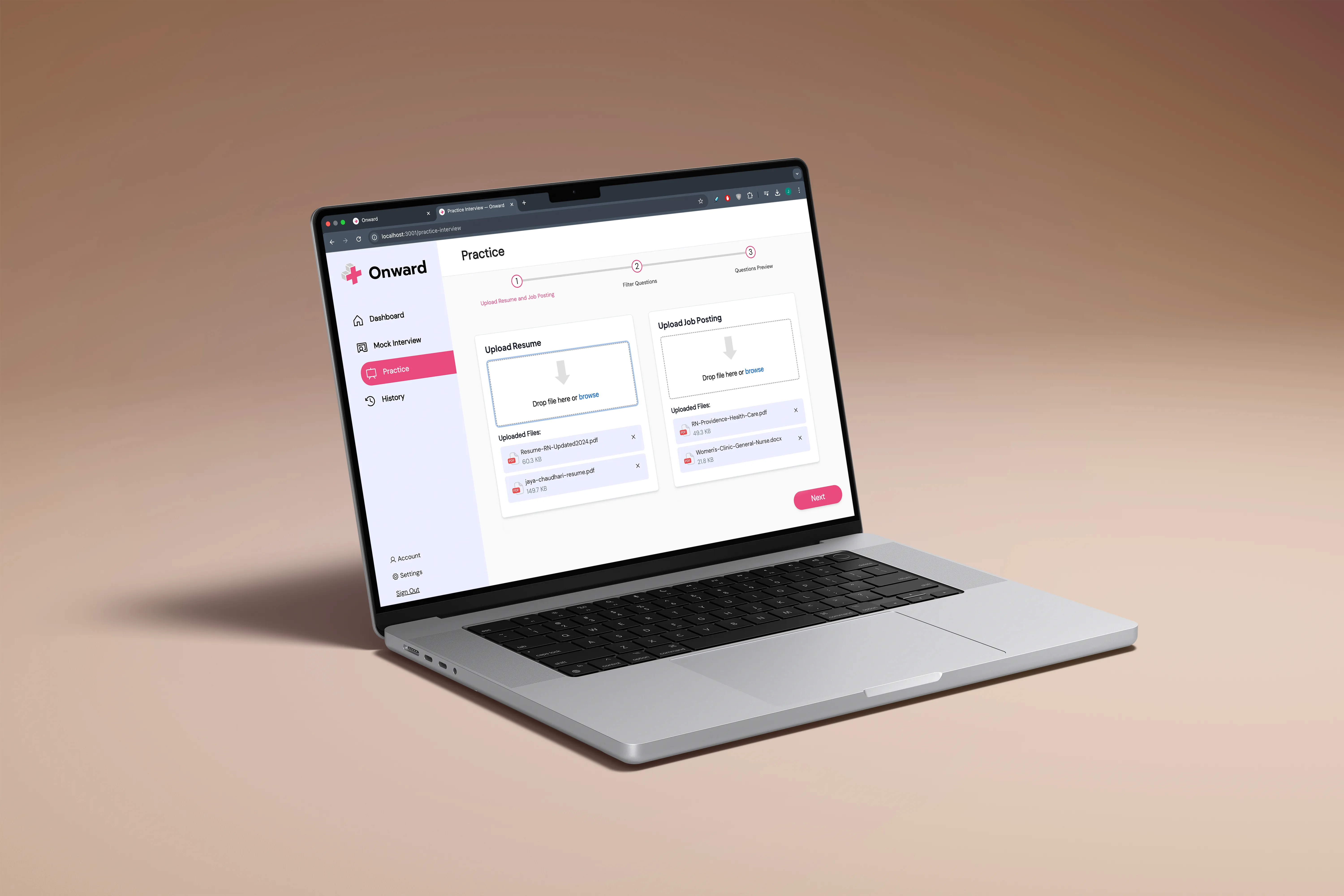 Practice page — upload resume and job posting with drag-and-drop cards