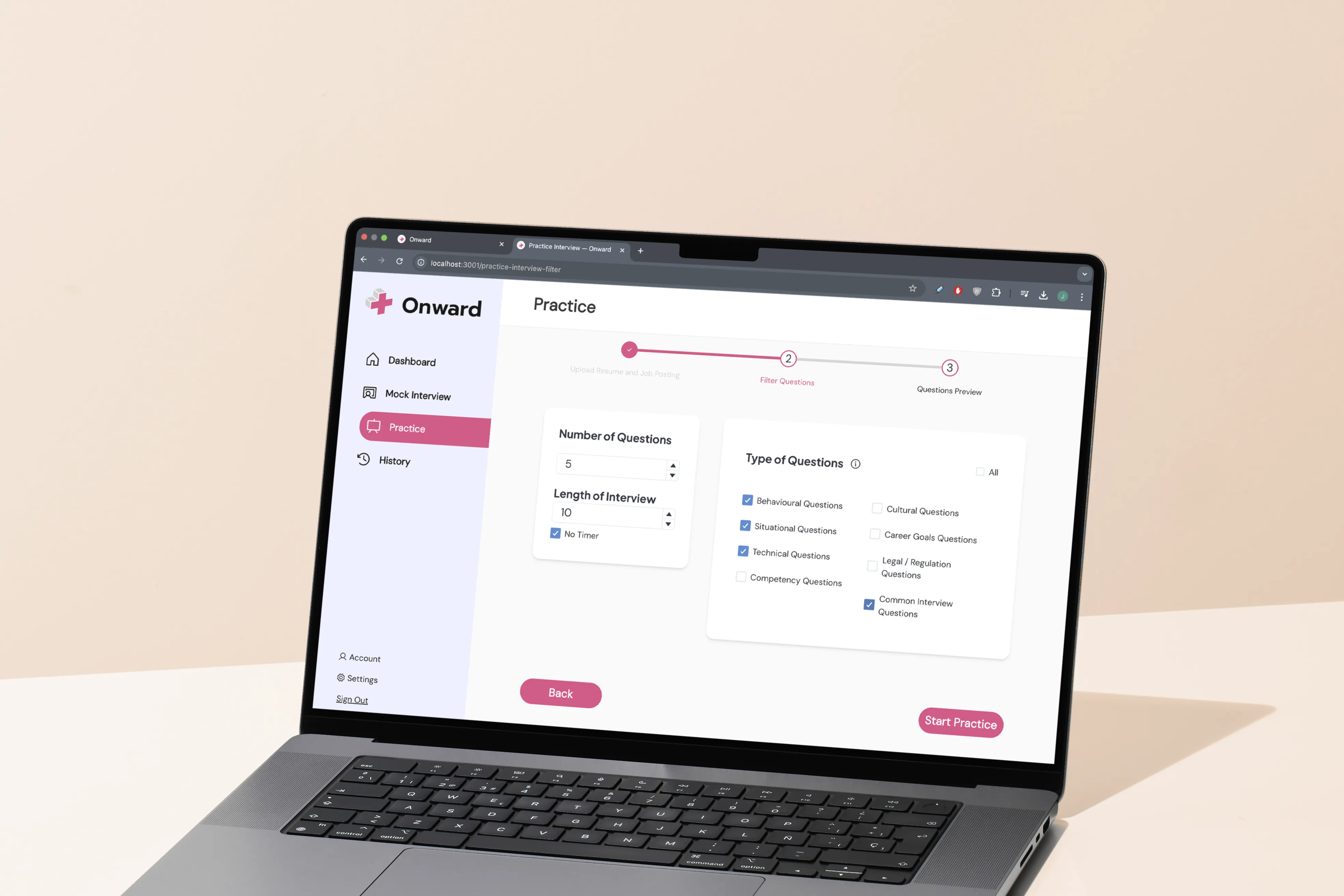 Filter Questions step — choose number, duration, and types of interview questions