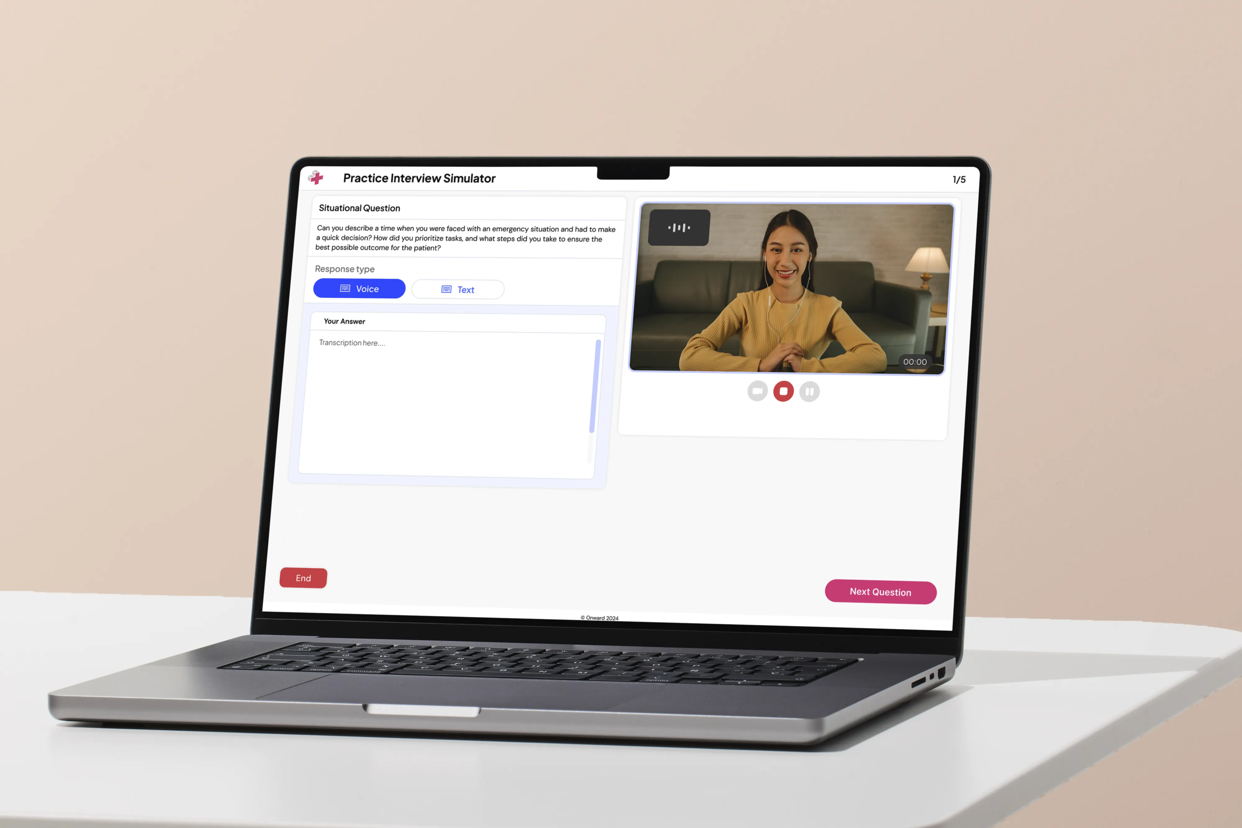 Practice Interview Simulator — Question card with webcam recording with transcription field and controls