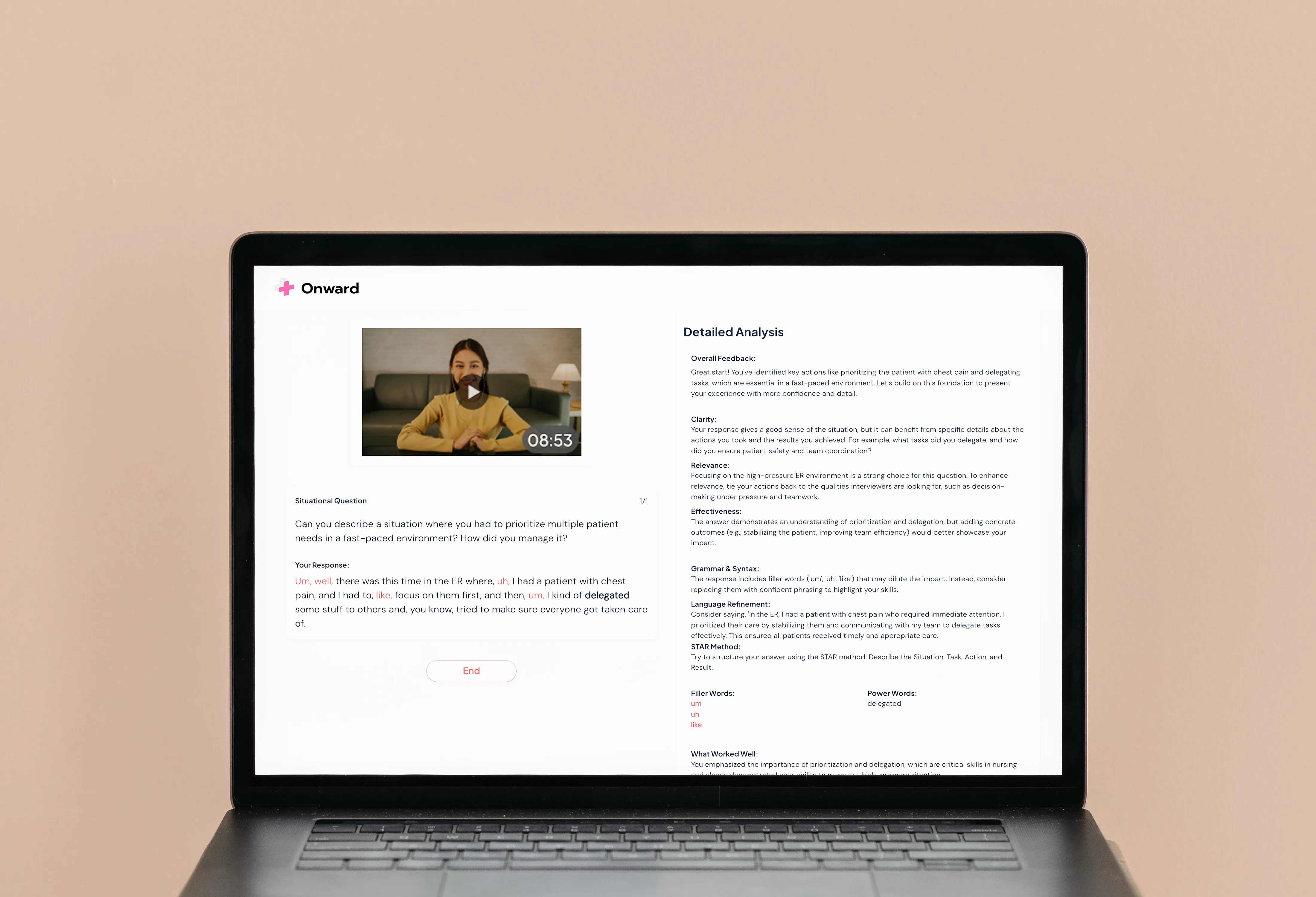 Answer analysis — recorded response with AI feedback sections for clarity, relevance, and effectiveness