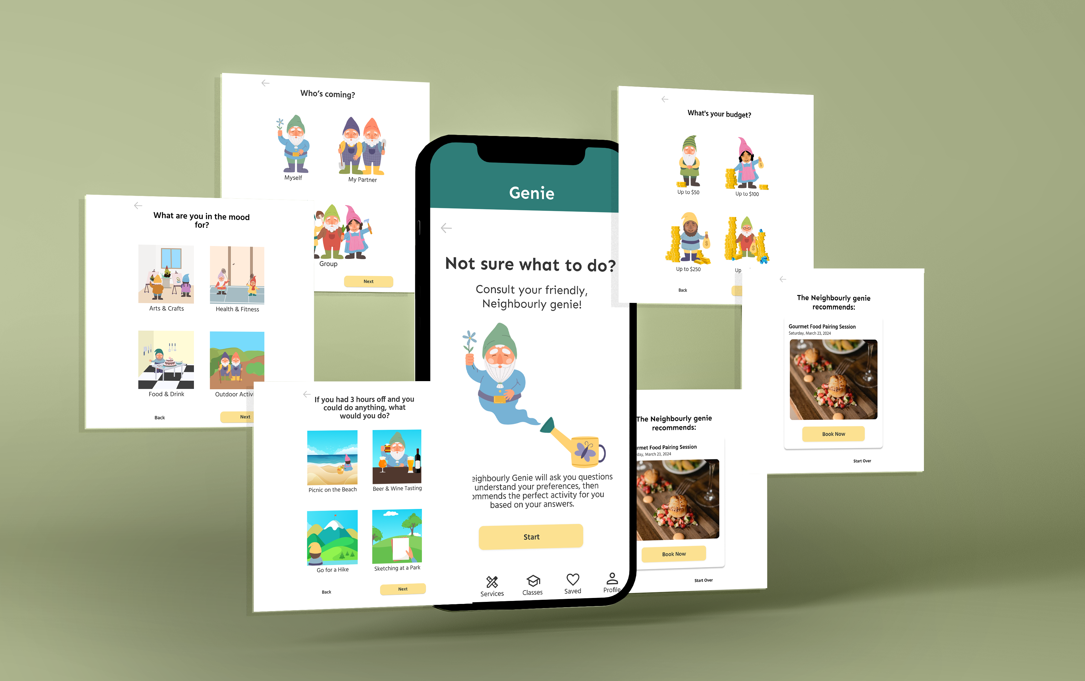Screens from Neighbourly’s “Genie” feature displaying a personalized recommendation quiz. Users answer illustrated questions about mood, group, and budget, guided by the friendly gnome mascot before receiving tailored activity suggestions.