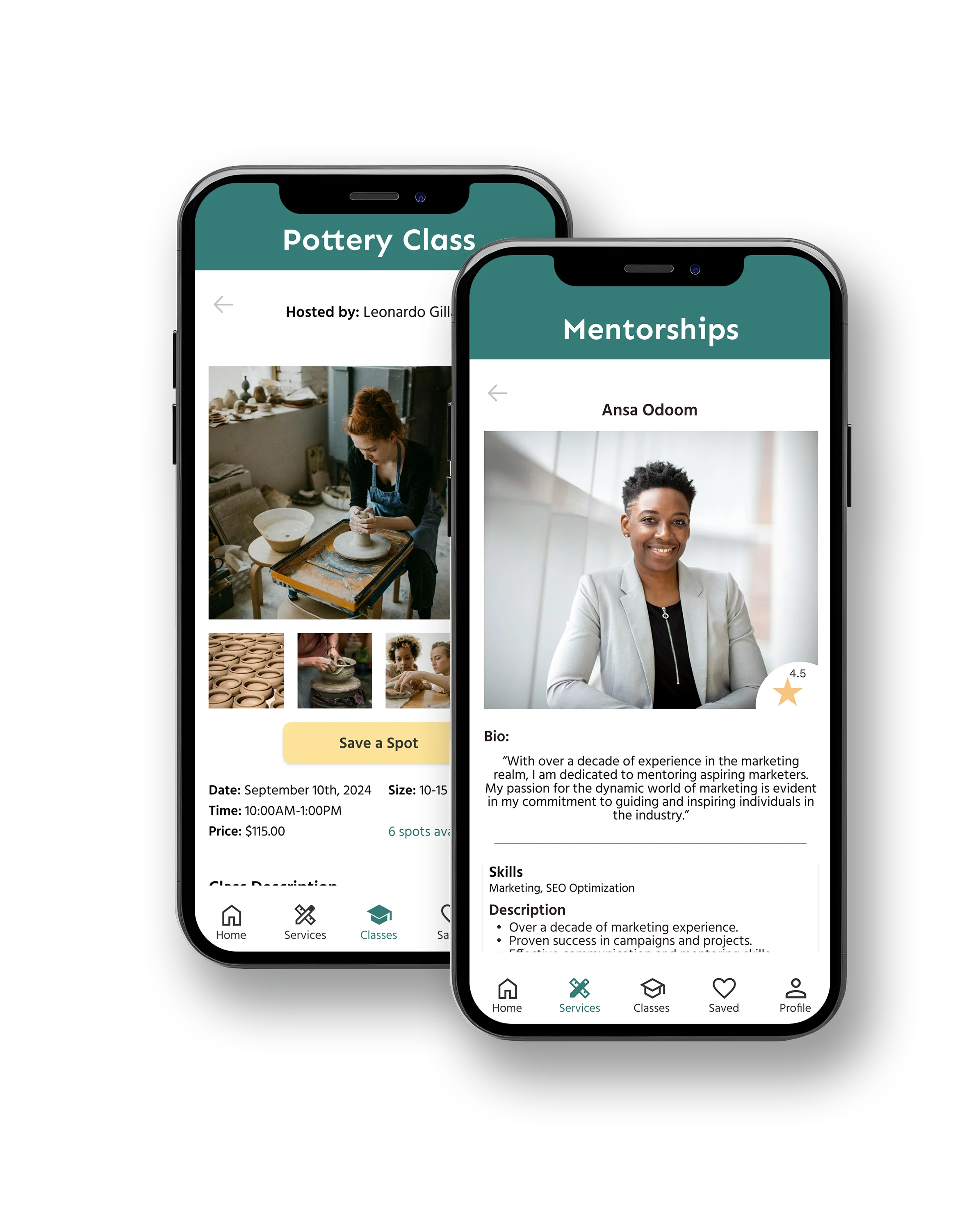 Pottery class detail page and mentor profile page