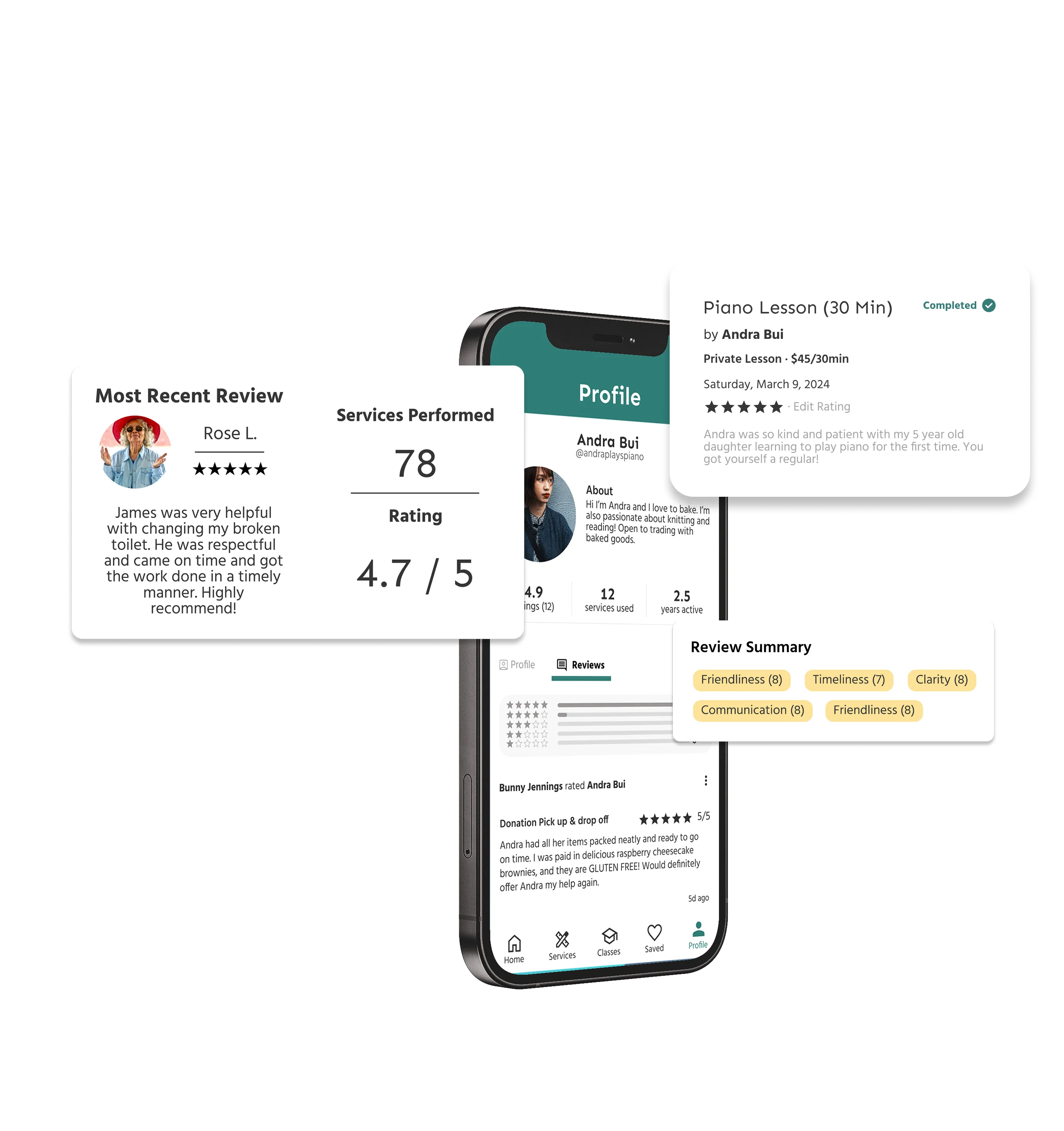 Review cards for a local services with star ratings and comments