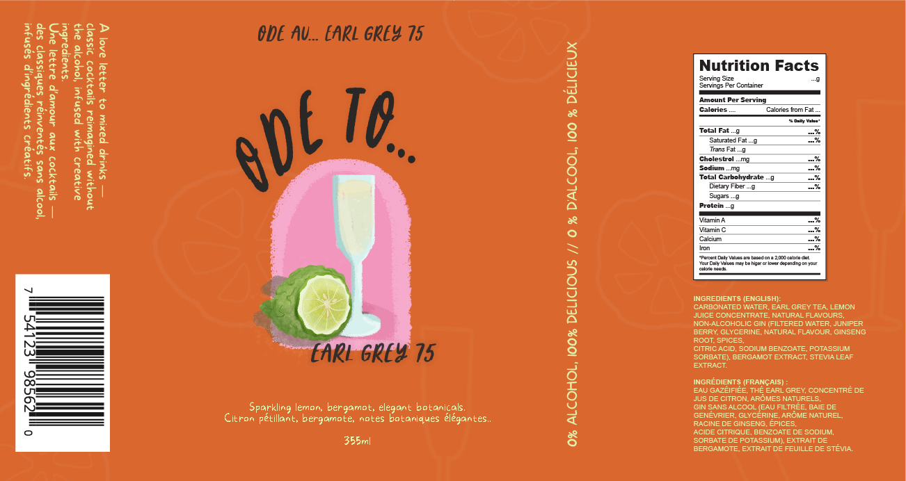 Ode To... Earl Grey 75 can label with burnt-orange background and bergamot motifs