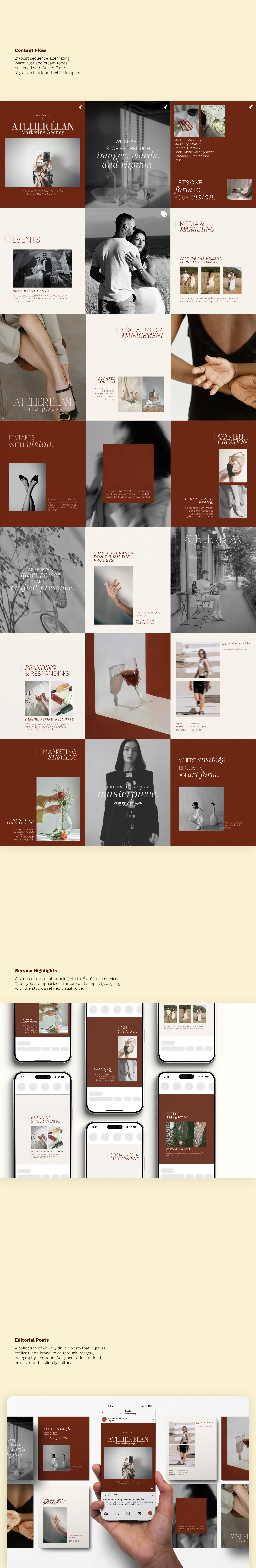 22-post Instagram feed layout for Atelier Élan, alternating warm rust and cream tones with black-and-white imagery. The grid highlights the brand’s cohesive visual rhythm across editorial and service-based posts.