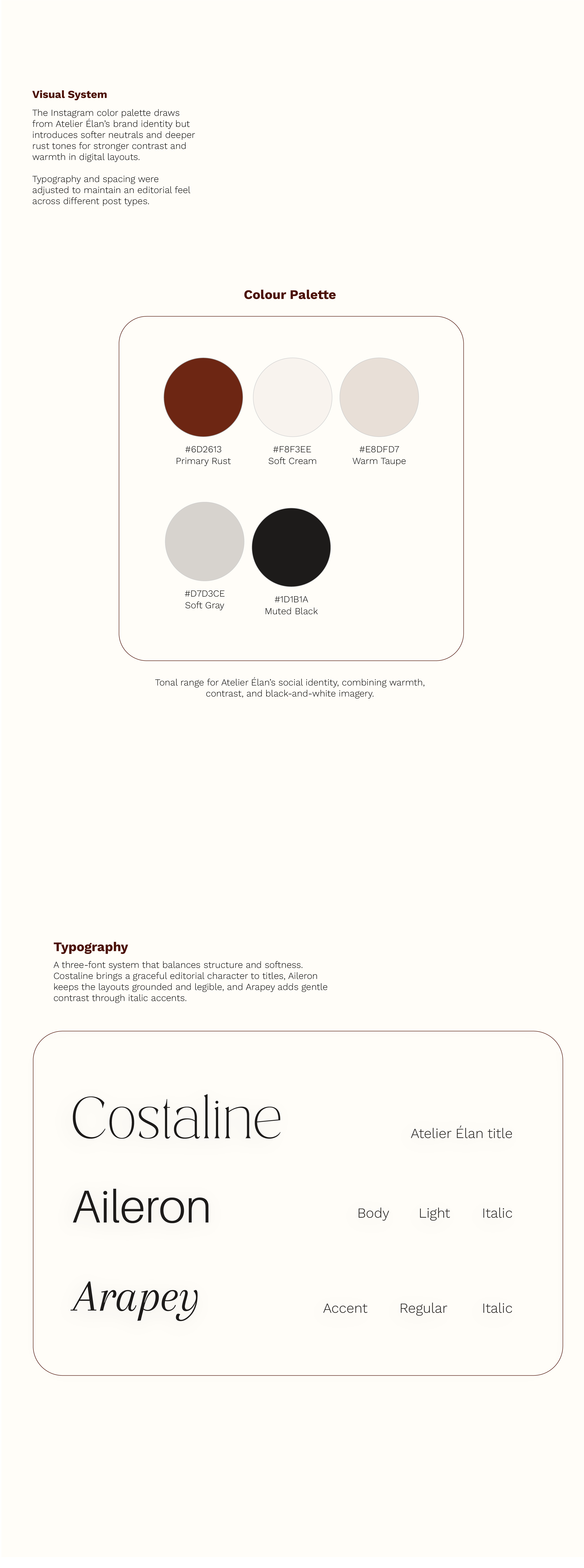 Visual system for Atelier Élan’s Instagram content, showing a colour palette of warm rust, soft cream, taupe, and muted neutrals, paired with elegant typography using Costaline, Aileron, and Arapey typefaces.