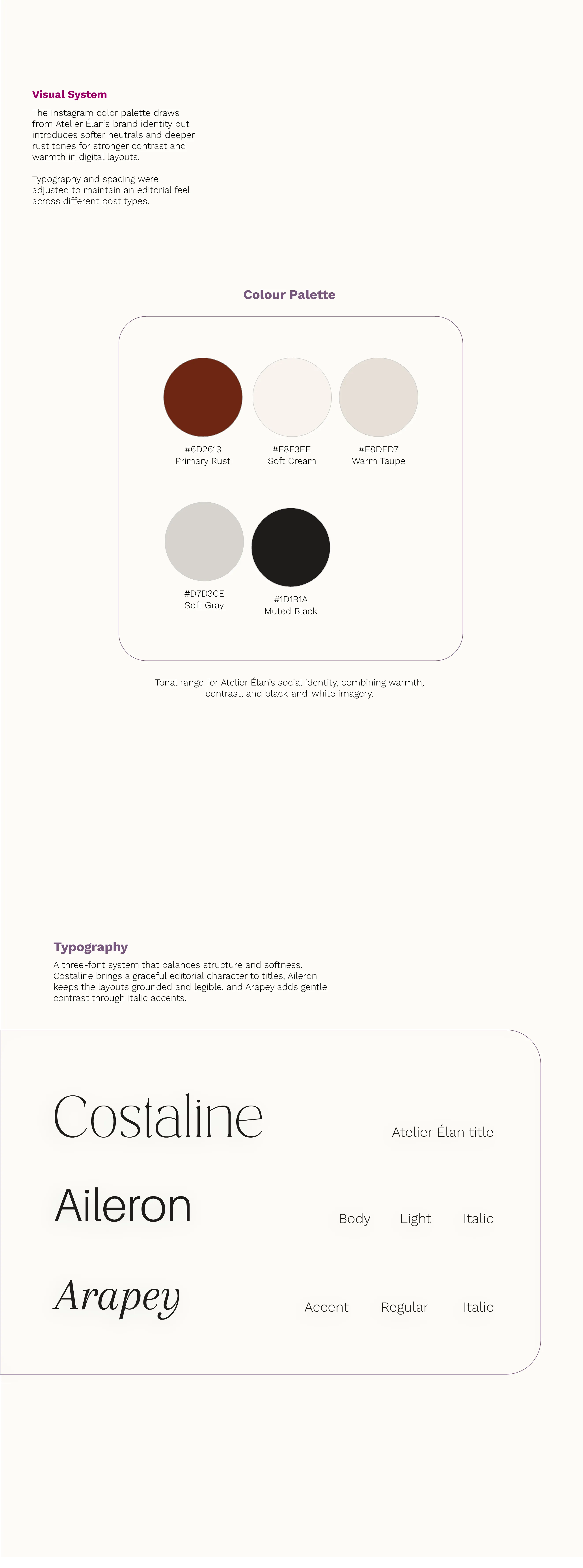 Visual system for Atelier Élan’s Instagram content, showing a colour palette of warm rust, soft cream, taupe, and muted neutrals, paired with elegant typography using Costaline, Aileron, and Arapey typefaces.