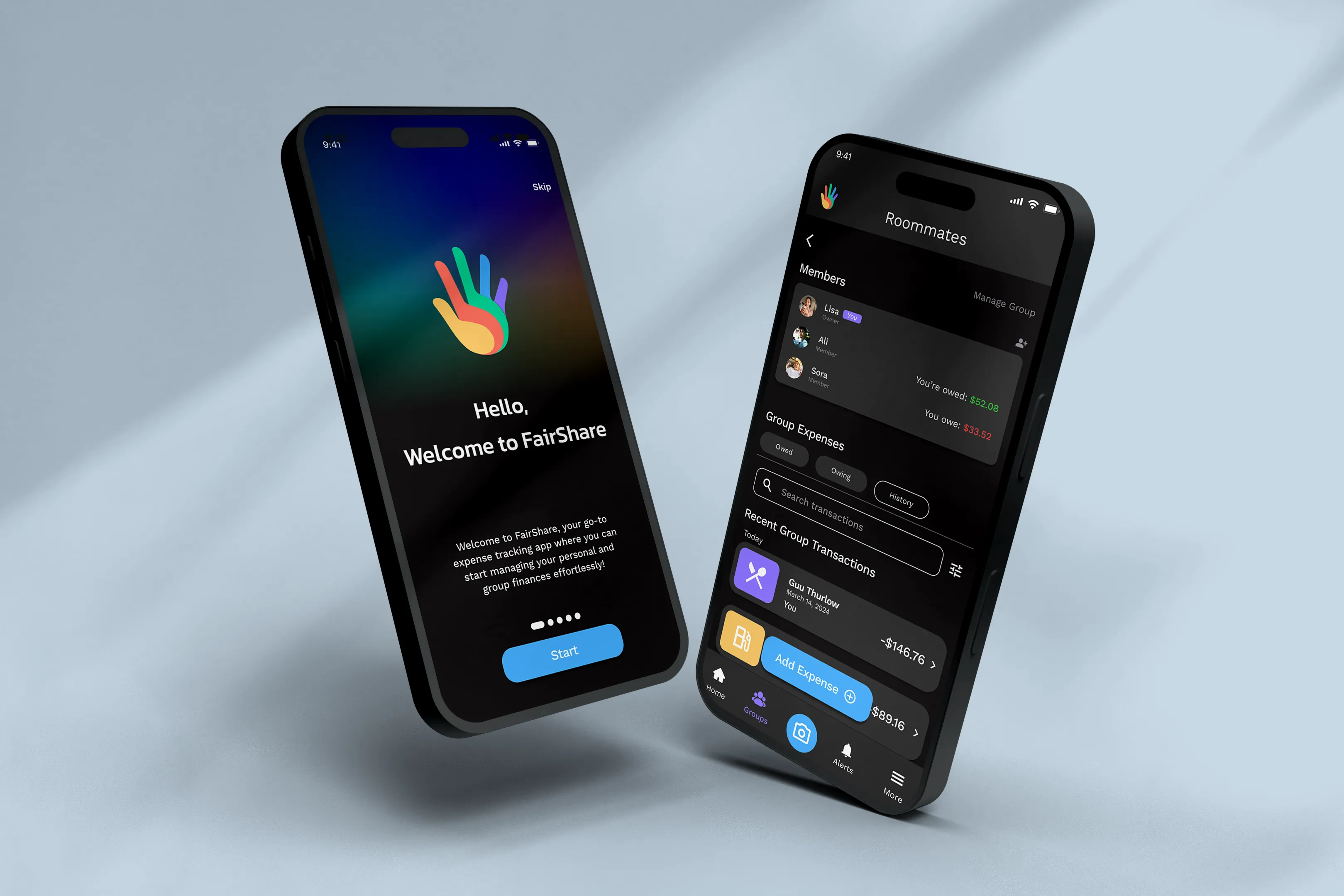 High-fidelity mobile app mockups showing FairShare’s onboarding screen and group expense dashboard in a dark-themed interface.