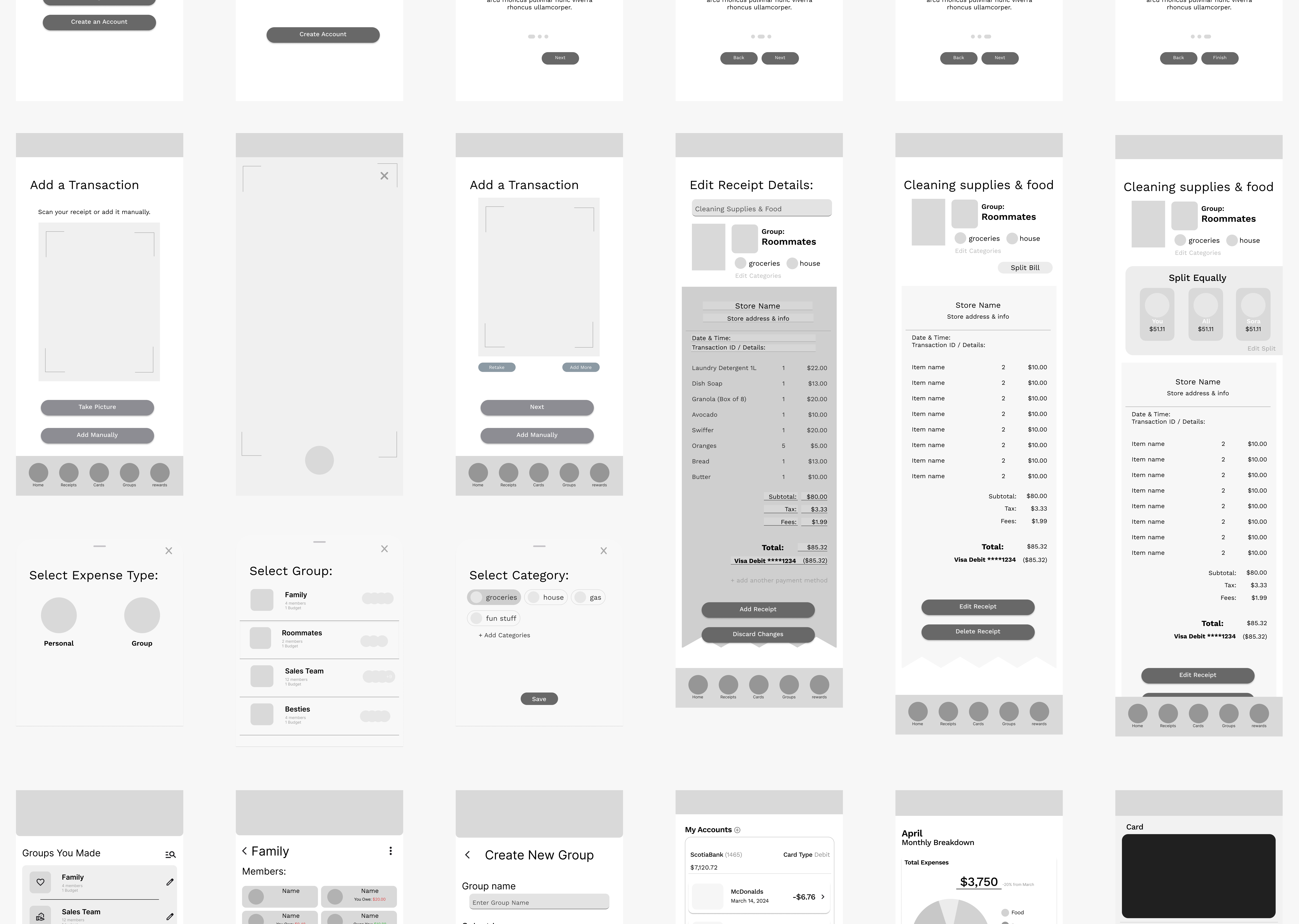 Low-fidelity wireframes exploring early layout and navigation for group expenses and bill splitting.