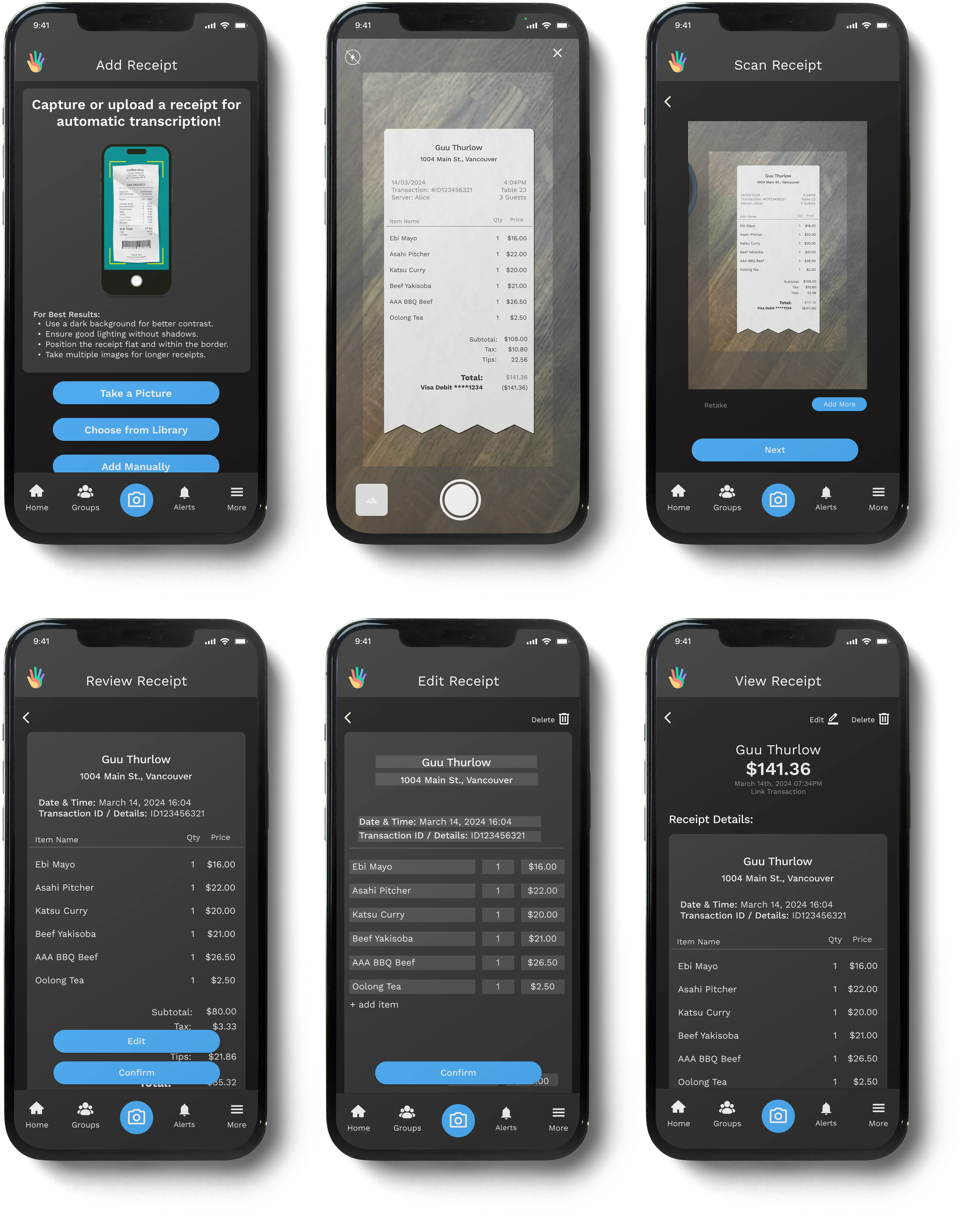 Step-by-step receipt scanning flow showing capture, automatic transcription, review, and editable receipt details before confirmation.