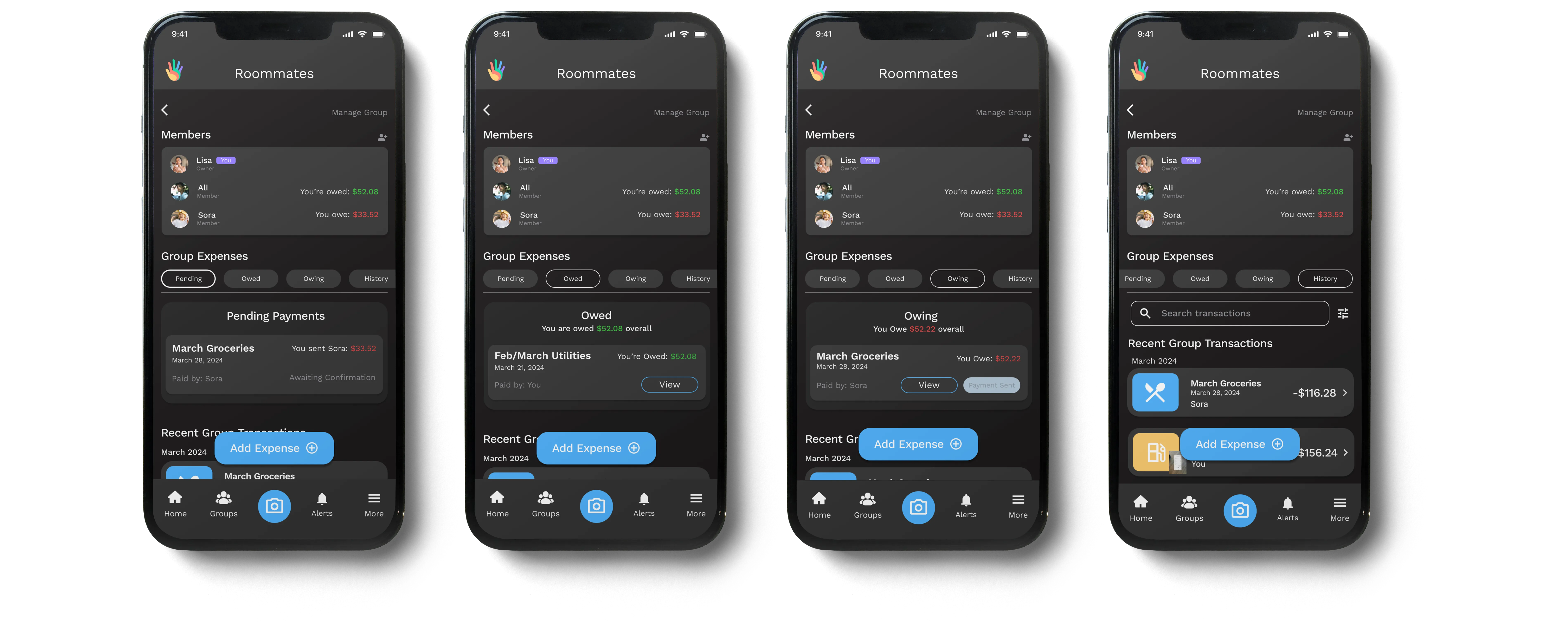 Group expense overview screens showing member balances, pending and settled expenses, and colour cues indicating who owes or is owed within a shared group.