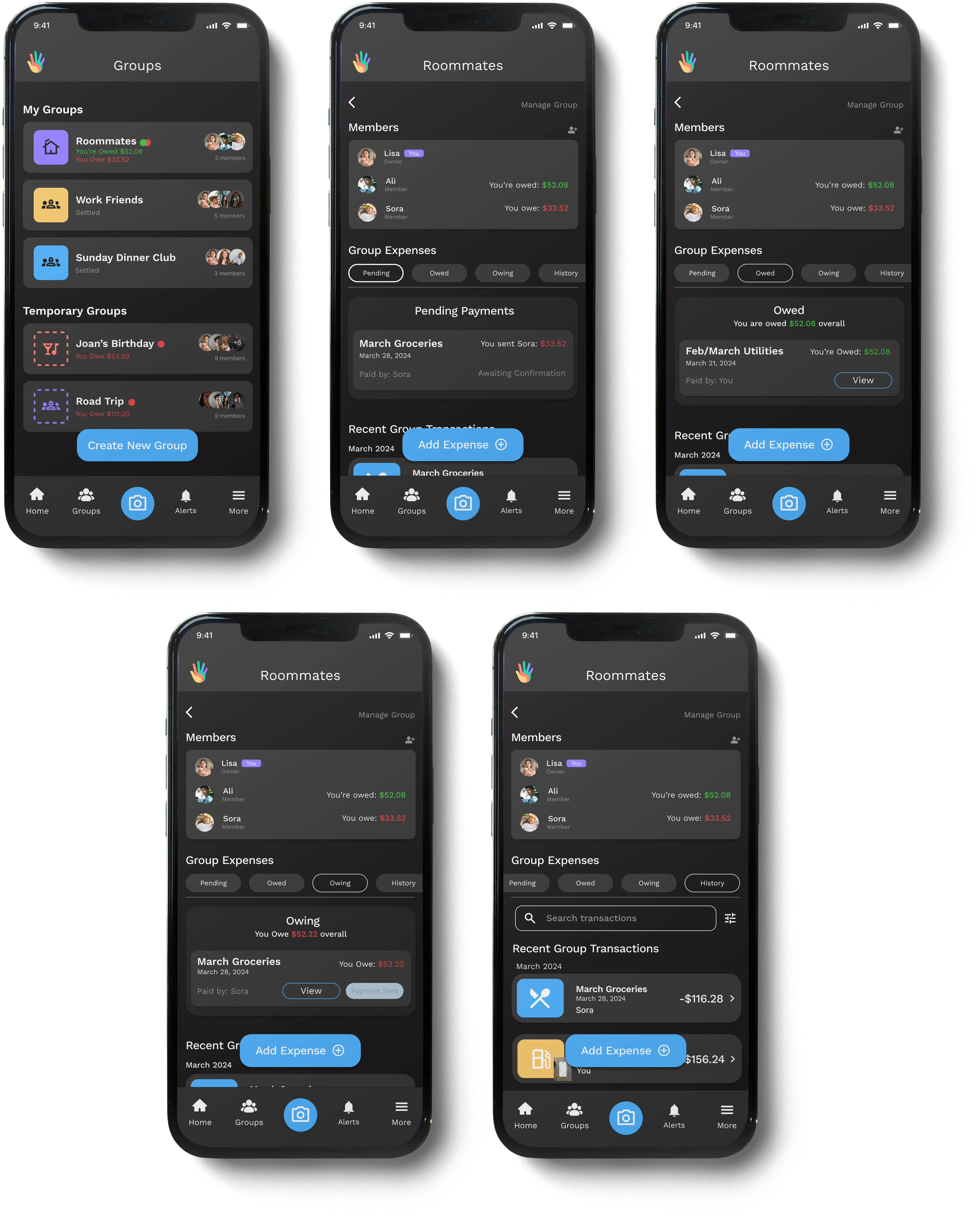 Group expense overview screens showing member balances, pending and settled expenses, and colour cues indicating who owes or is owed within a shared group.