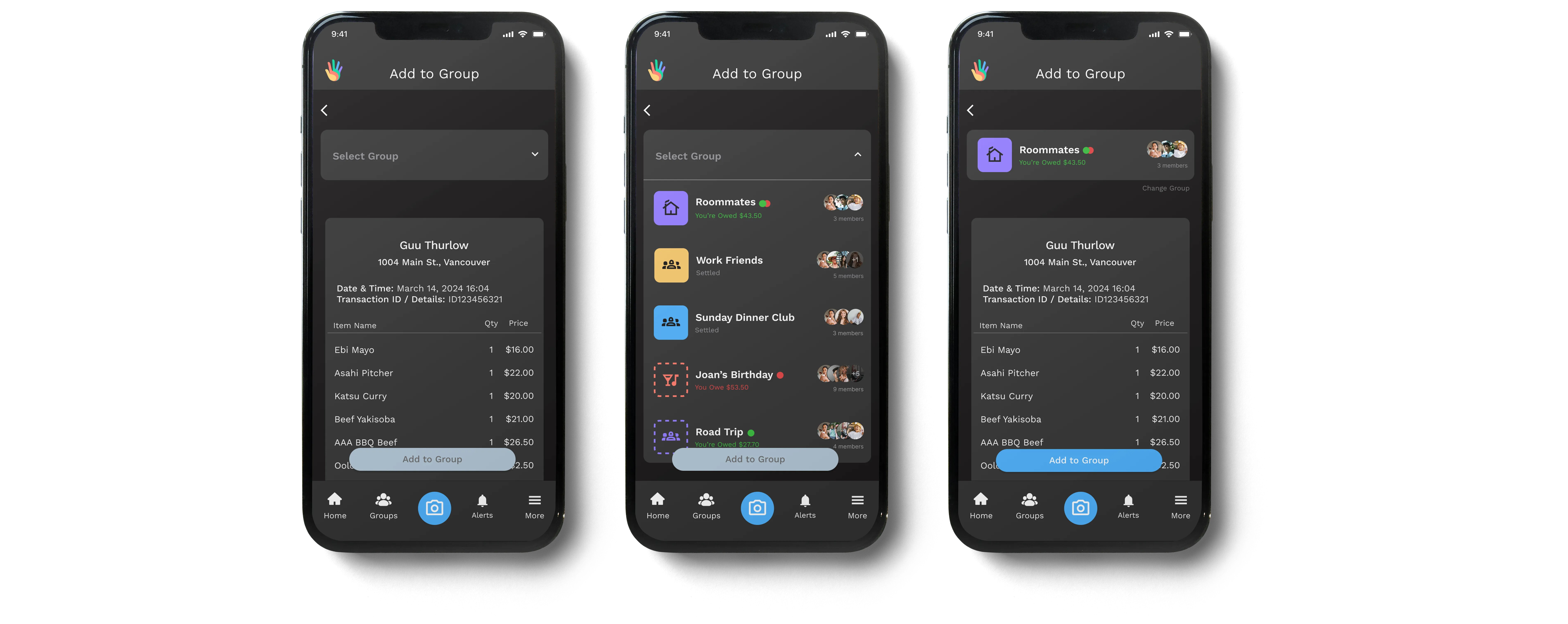 Mobile screens showing a receipt being manually assigned to a group, with a dropdown list of groups displaying member avatars and current balance status.