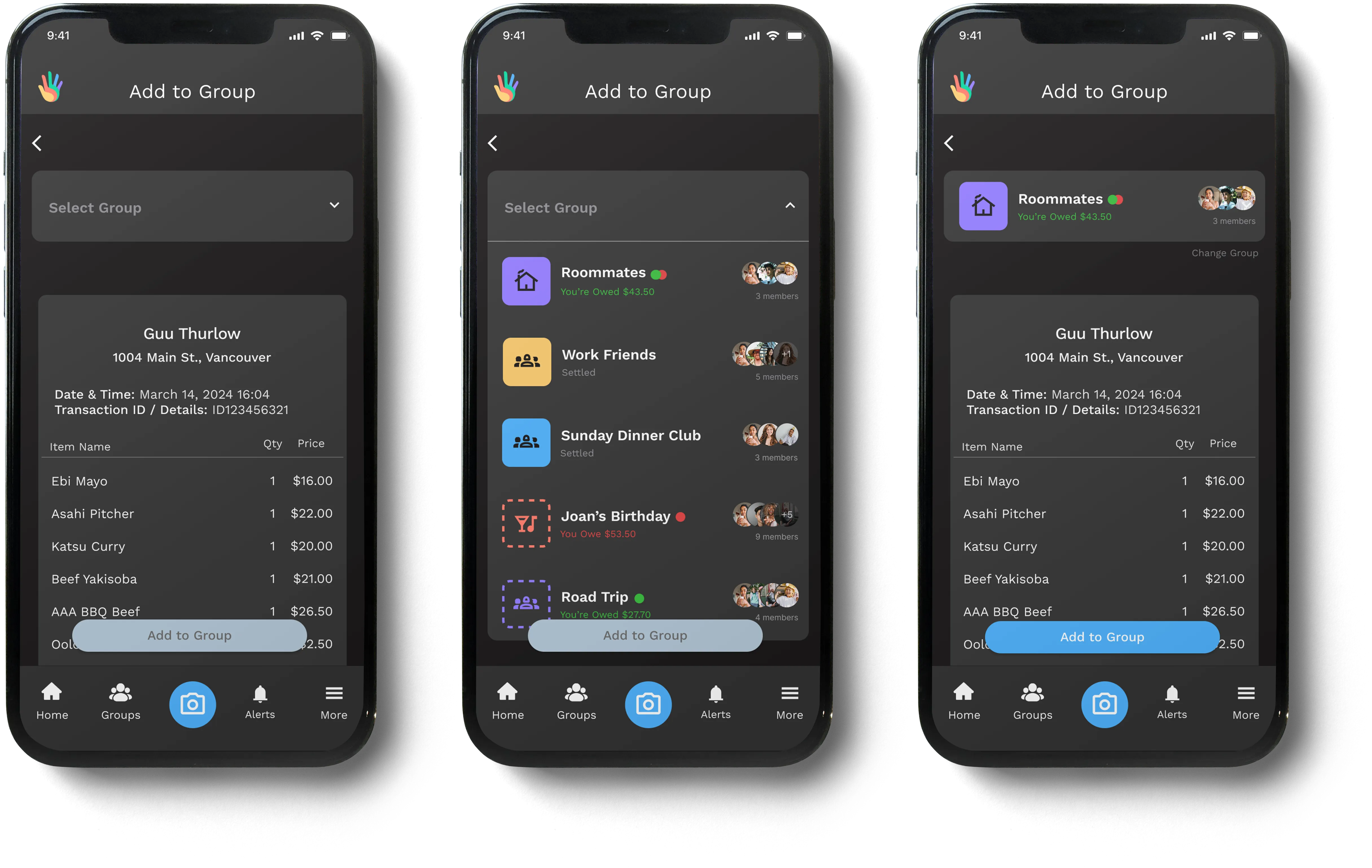Mobile screens showing a receipt being manually assigned to a group, with a dropdown list of groups displaying member avatars and current balance status.