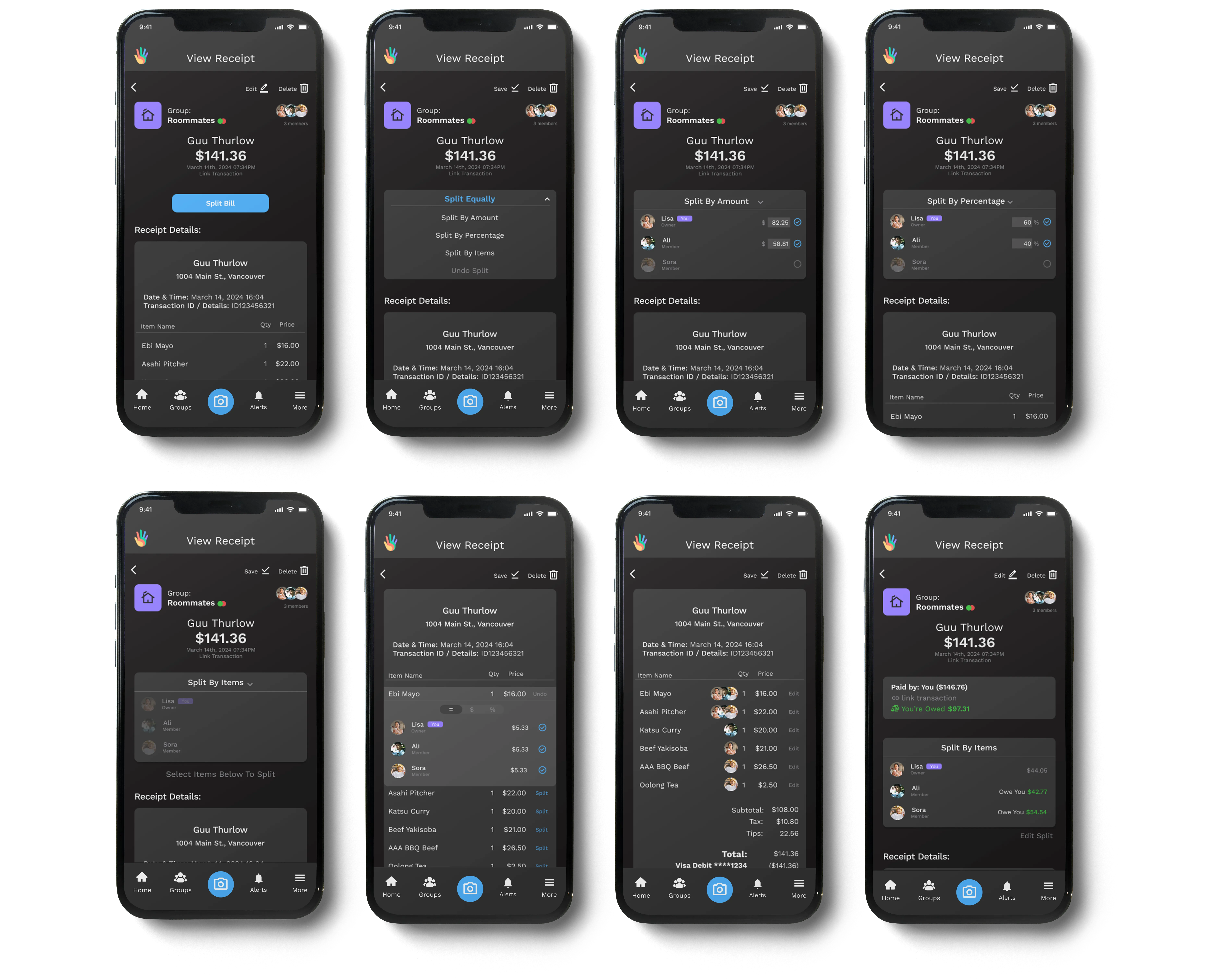 Mobile screens showing flexible bill splitting flow, including split by amount, percentage, and item-level assignment. Screens demonstrate participant selection, real-time balance updates, and final settlement summary.