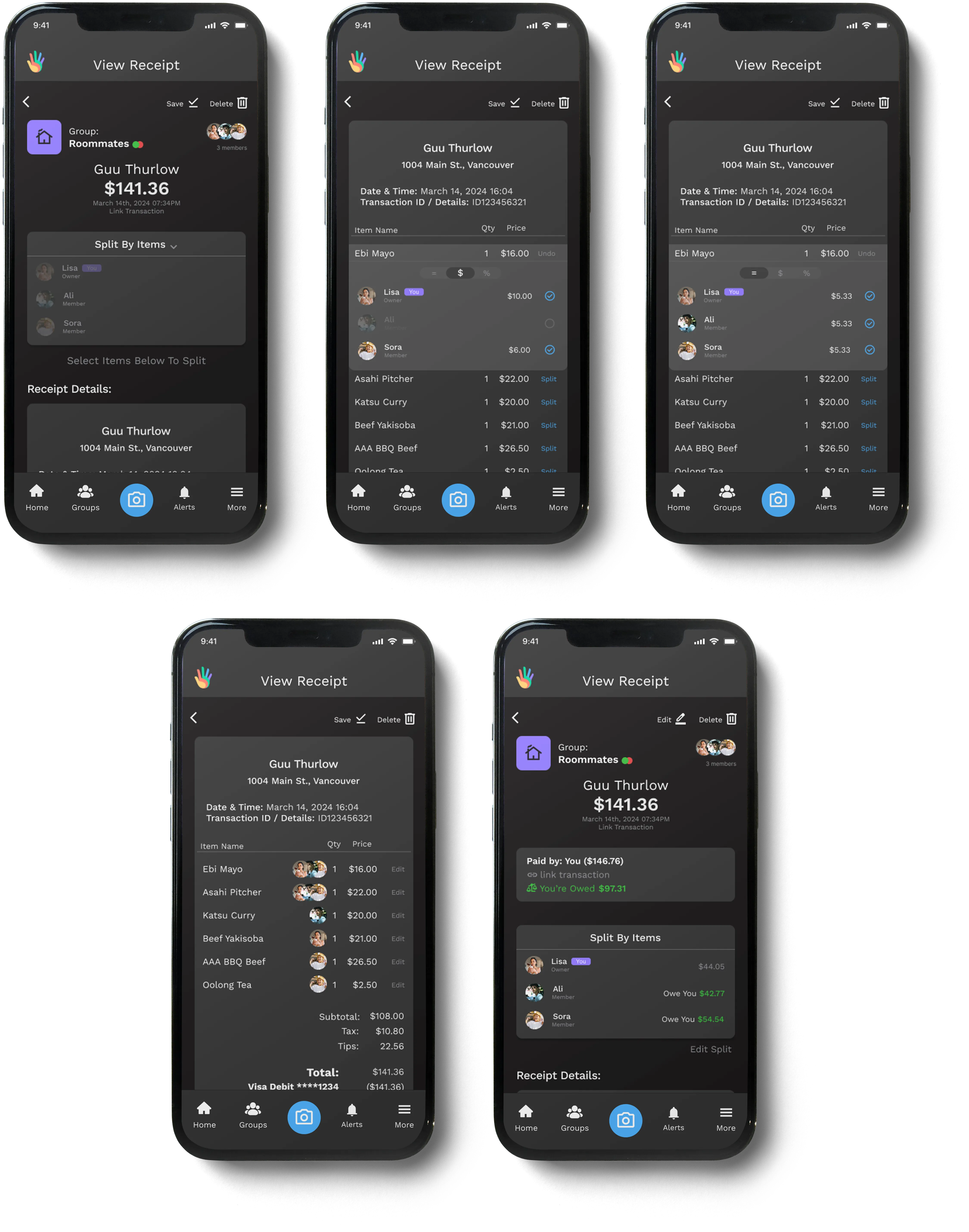 Mobile screens demonstrating item-level bill splitting, where individual receipt items are assigned to specific group members with proportional tax and tip distribution.